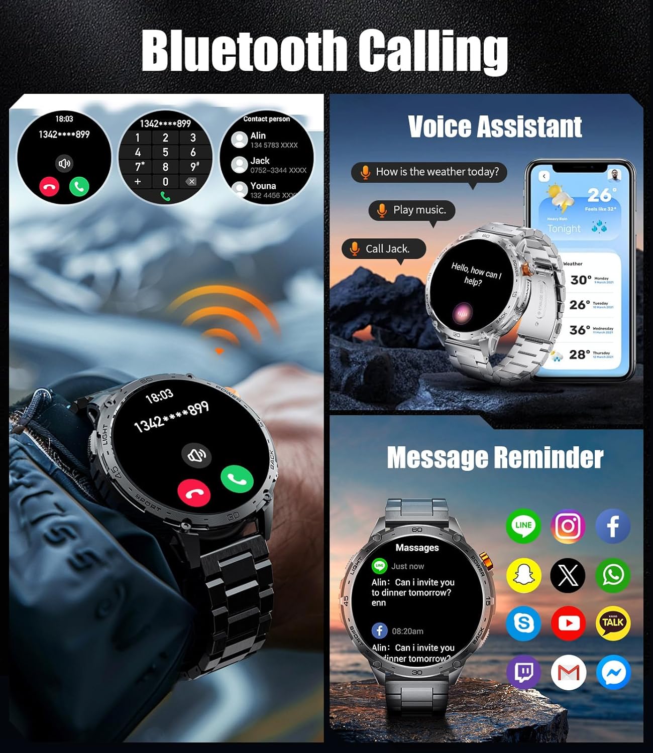 Smart Watch for Men with LED Flashlight(730mAh Battery), 1,75'' AMOLED Large Display Military Smart Watches with 130+ Sports, 24/7 Heart Rate/Sleep Monitor IP68 Waterproof for Android iOS Black - Image 8