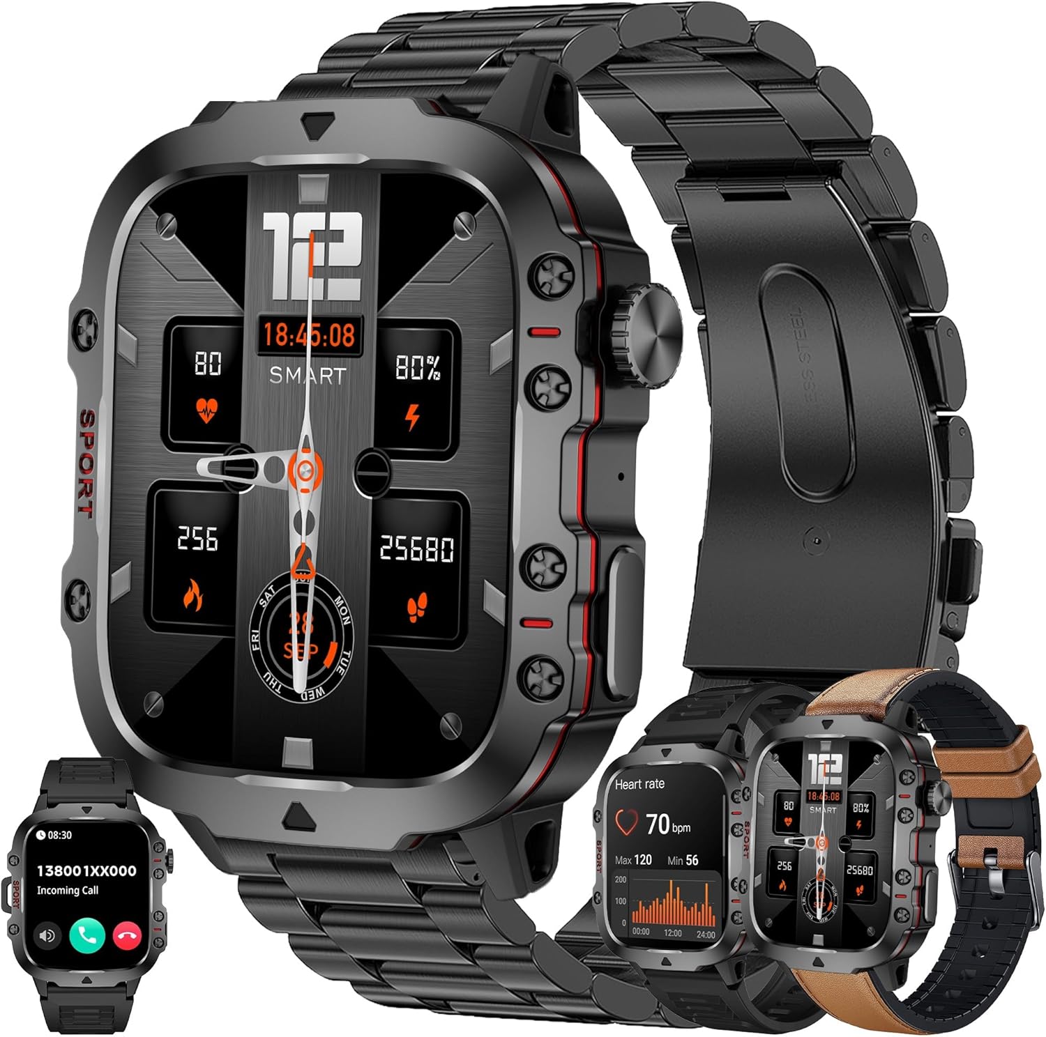 Military Smart Watch for Men(Answer/Dial Calls), 5ATM Waterproof Smartwatch Fitness Tracker for Android iPhone, 1.96" Activity Tracker with Heart Rate Sleep SpO2 Monitor, Calorie, 3 Straps (Brown) - Image 2