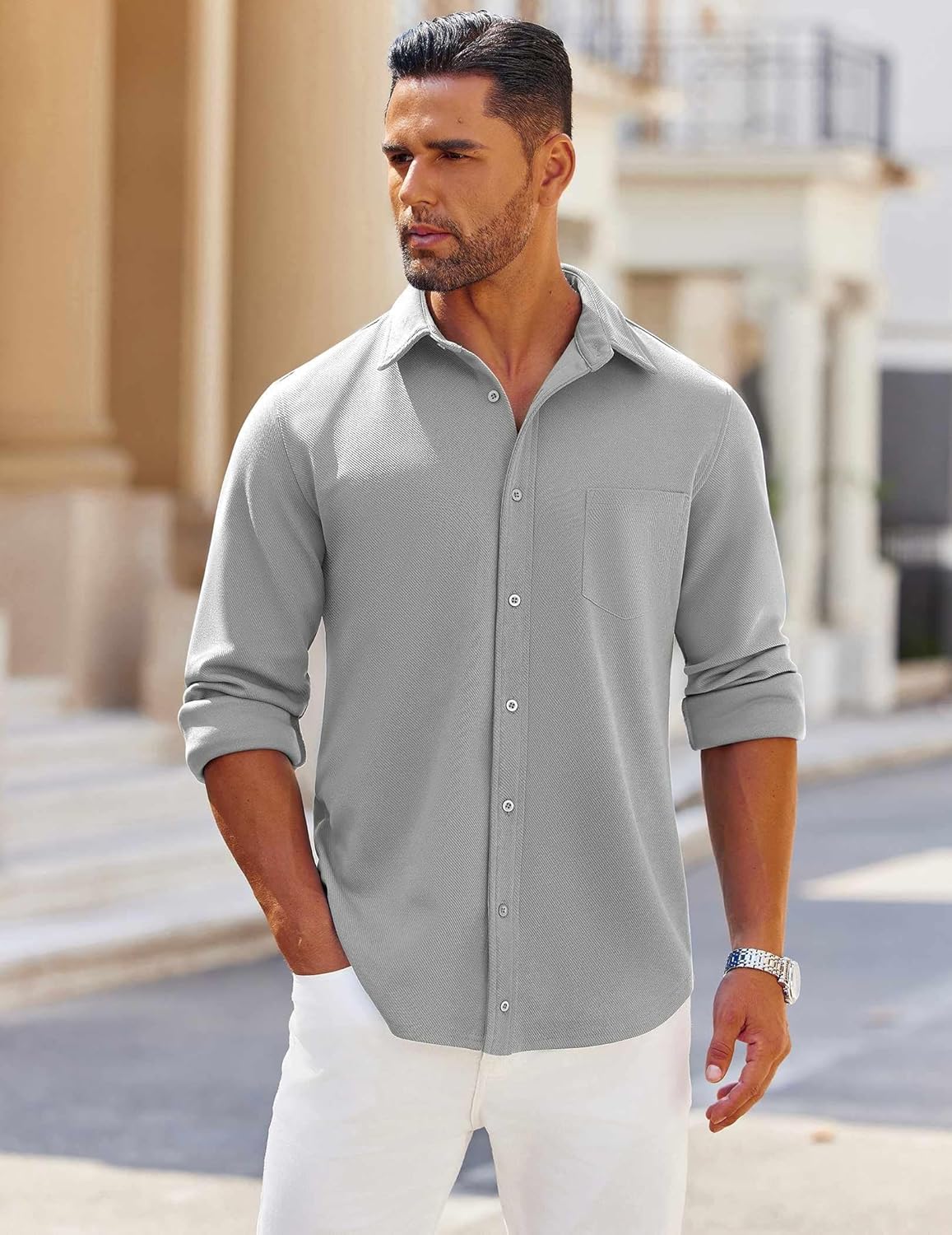 COOFANDY Mens Long Sleeve Button Down Shirts Wrinkle Free Shacket Jacket Stretch Casual Overshirt - Image 3