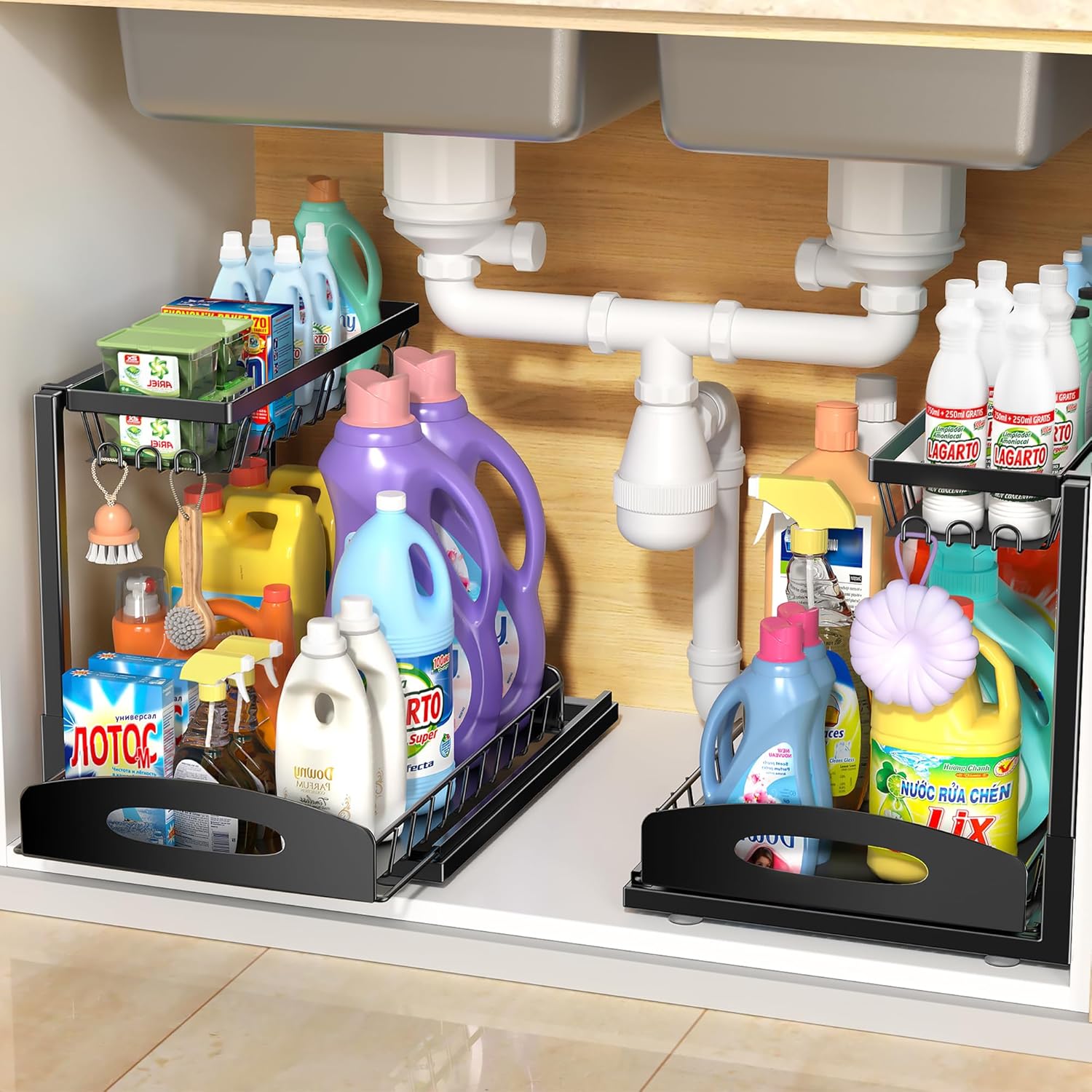 Under Sink Organizer, 2 Pack L-Shaped Bathroom Kitchen Organizers and Storage, Pull Out Sink Cabinet Drawer Shelf Pantry Organizer and Storage, Black - Image 2