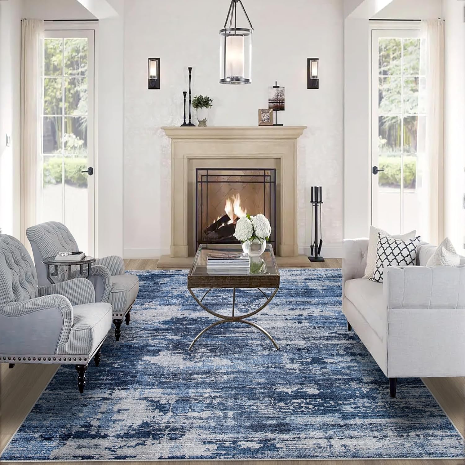 8x10 Area Rugs for Living Room:Large Machine Washable Area Rug with Non Slip Backing Non Shedding Abstract Stain Resistant Carpet for Bedroom Dining Room Nursery Home Office - Beige/Blue - Image 2