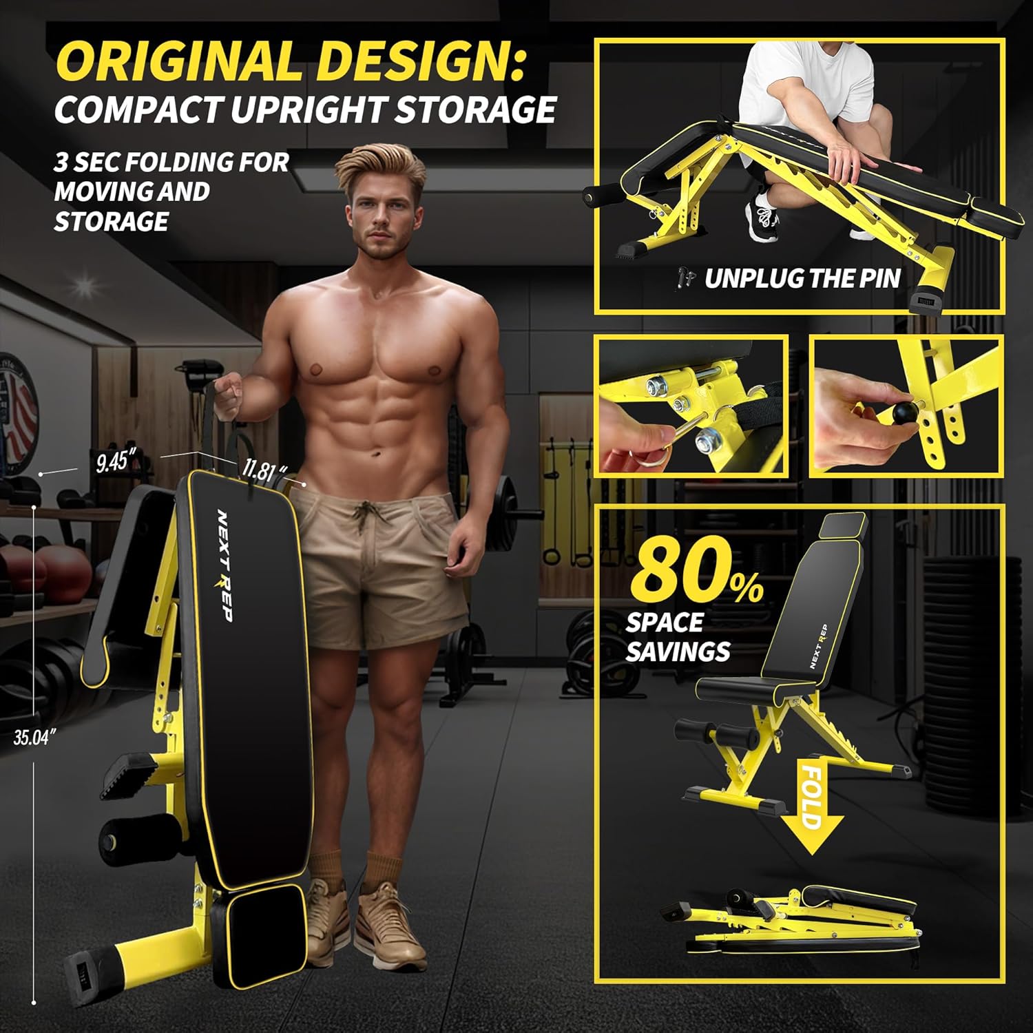 Adjustable Weight Bench,1000 LB Fast Folding Workout Bench for Home Gym Strength Training, Incline Decline Flat Utility Bench Press for Full Body Workout, Upright Storage Yellow Exercise Bench - Image 6