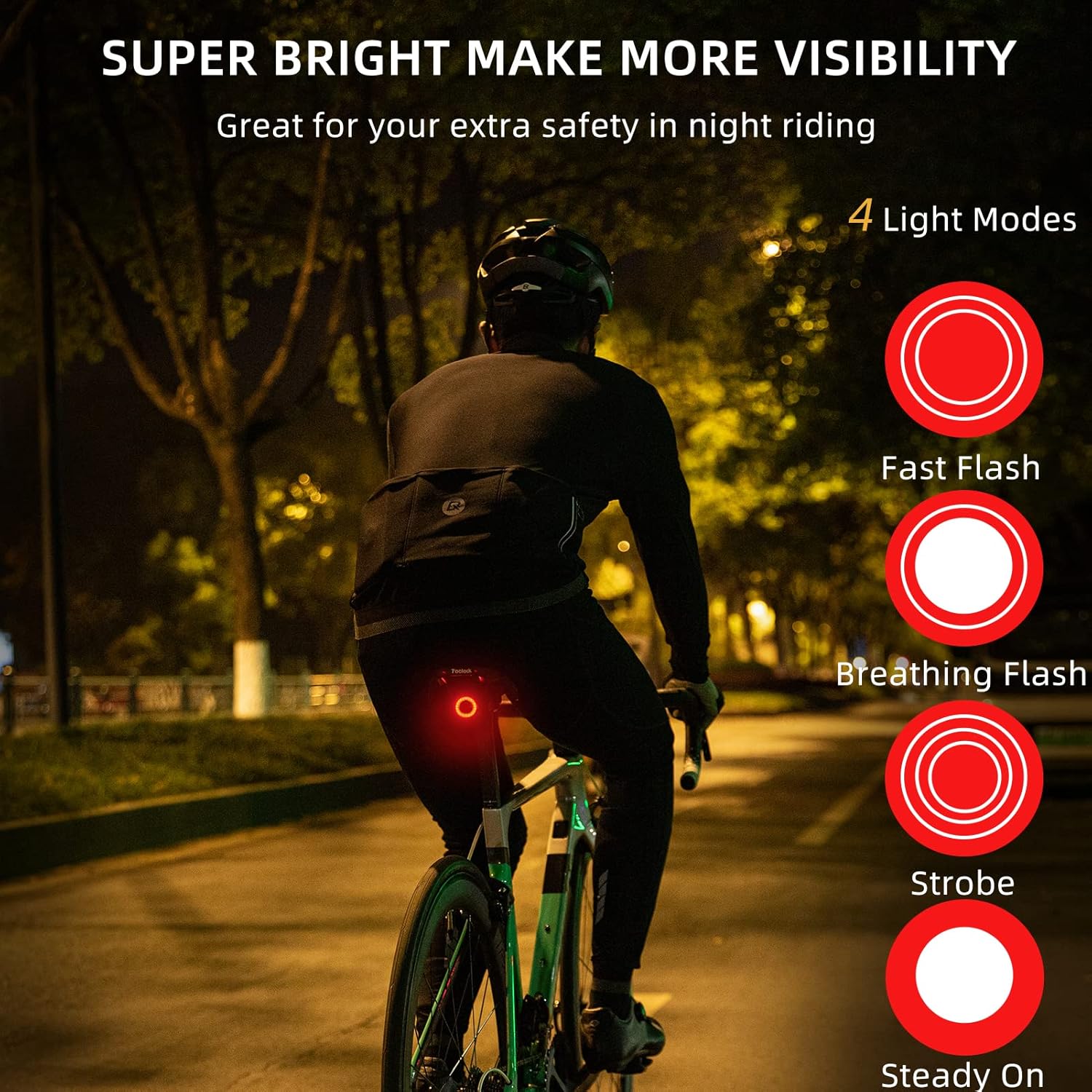 ROCKBROS Bike Tail Light Smart,Brake Sensing Bicycle Rear Lights for Night Ride,Ultra Bright LED Back Lights,Type C USB Rechargeable,IPX6 Waterproof,Cycling Safety Taillight Accessories - Image 5
