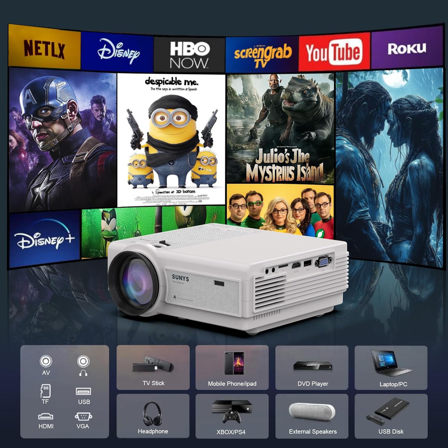 Projector with WiFi and Bluetooth, Native 1080P Full HD, Portable Movie Projector Compatible with Android/iOS/HDMI/USB (Textured Grey) - Image 8