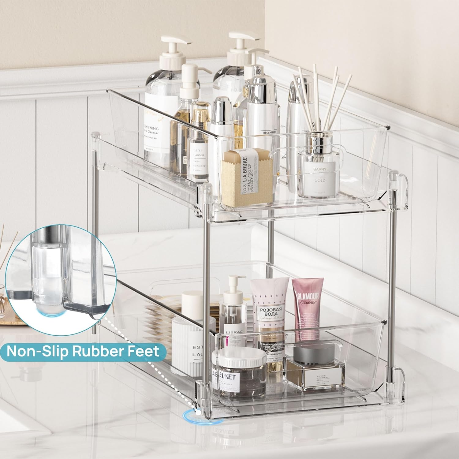 Vtopmart 4 Pack Bathroom Organizer, 2 Tier Clear Under Sink Organizers Vanity Countertop Storage Container,Cabinet Drawers Bins, Pull-Out Organization with Track for Pantry, Kitchen - Image 6