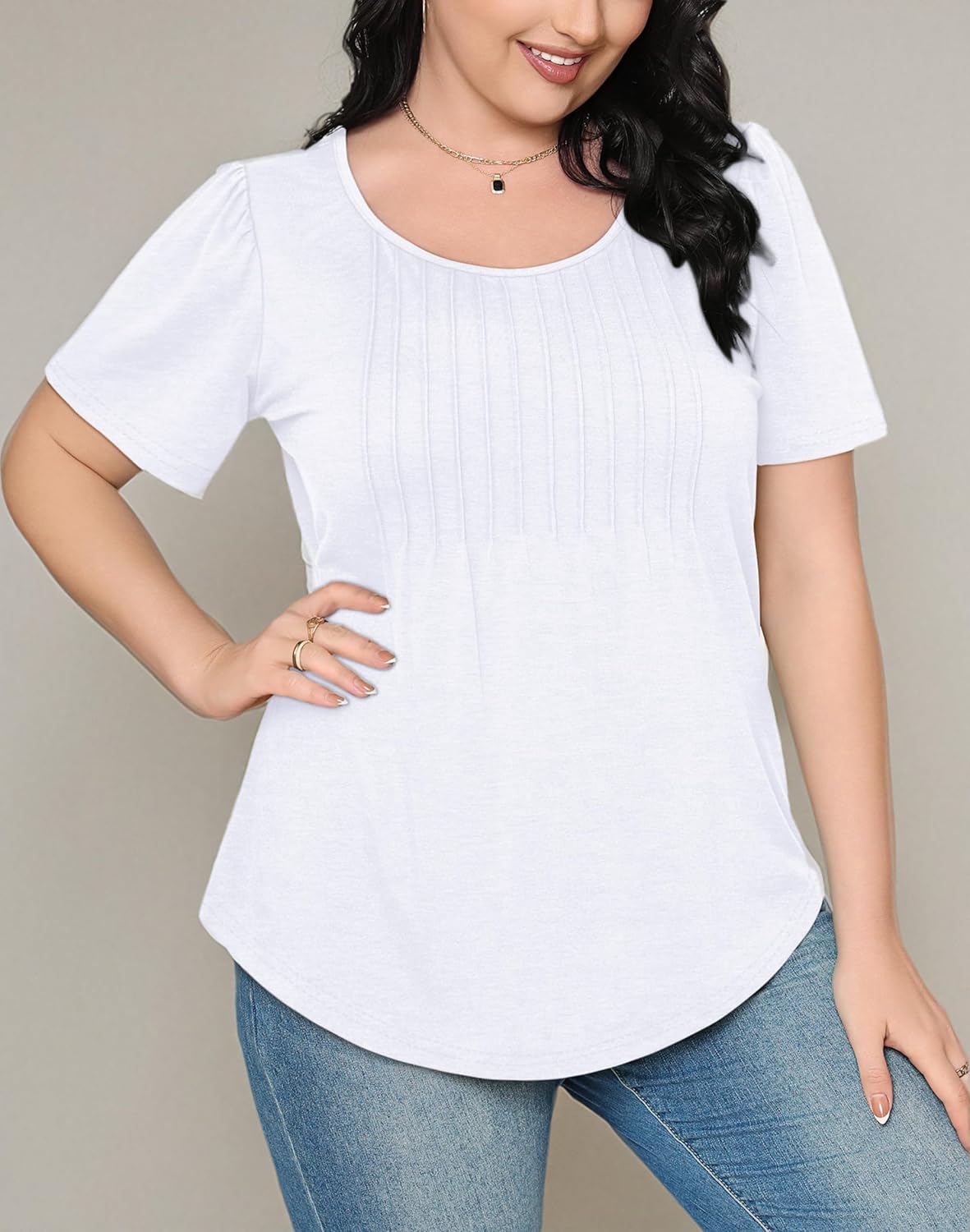 OFEEFAN Womens T Shirts Short Sleeve Pleated Dressy Casual Scooped Neck Summer Tops Blouses - Image 8
