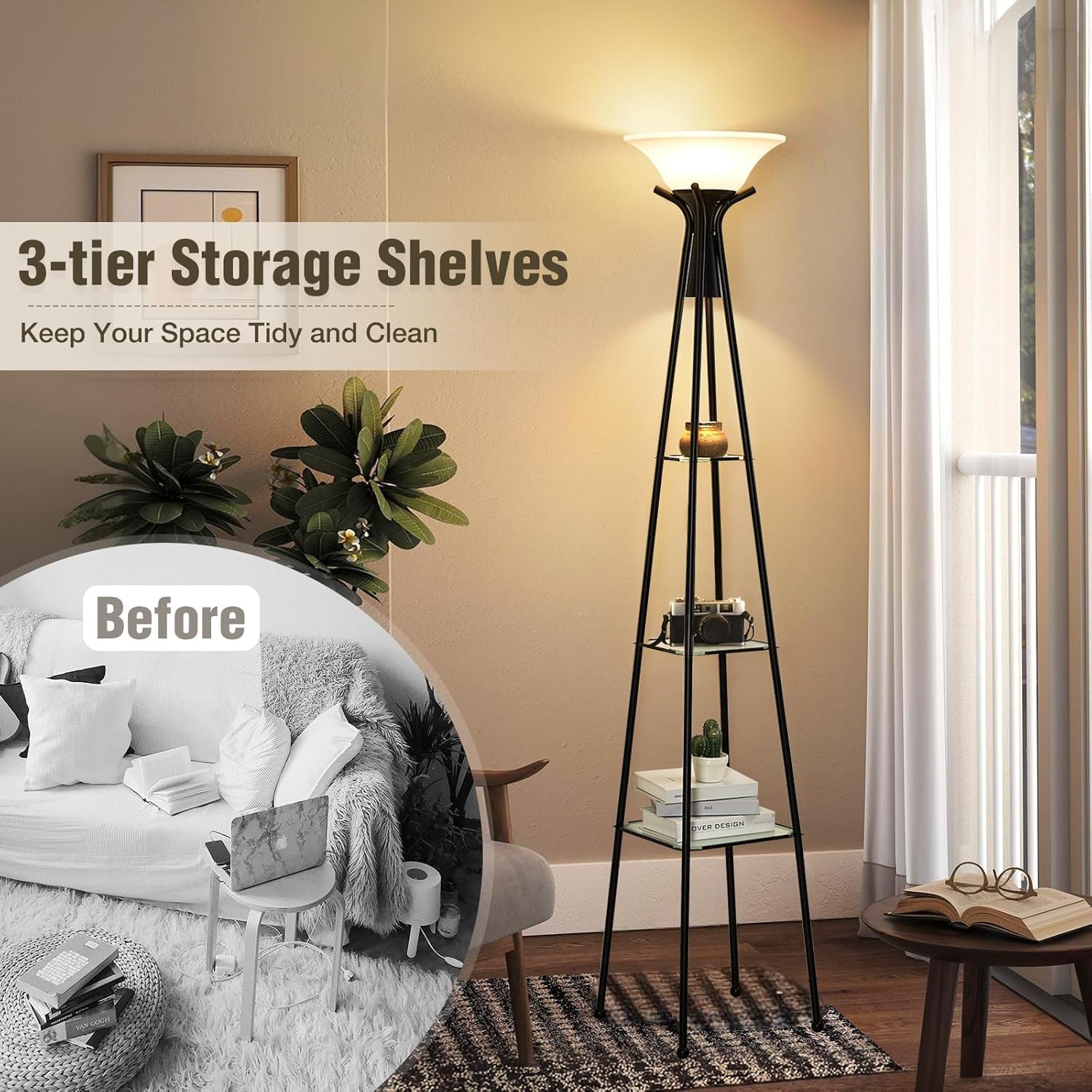 Floor Lamp with Shelves, 69” Tall Shelf Lamp with Remote Control, 3-Tier Glass Shelf Lamp, Dimmable Industrial Floor Lamps for Living Room, Bedroom, Home Office, 3 Color Temperatures Bulbs Included - Image 7