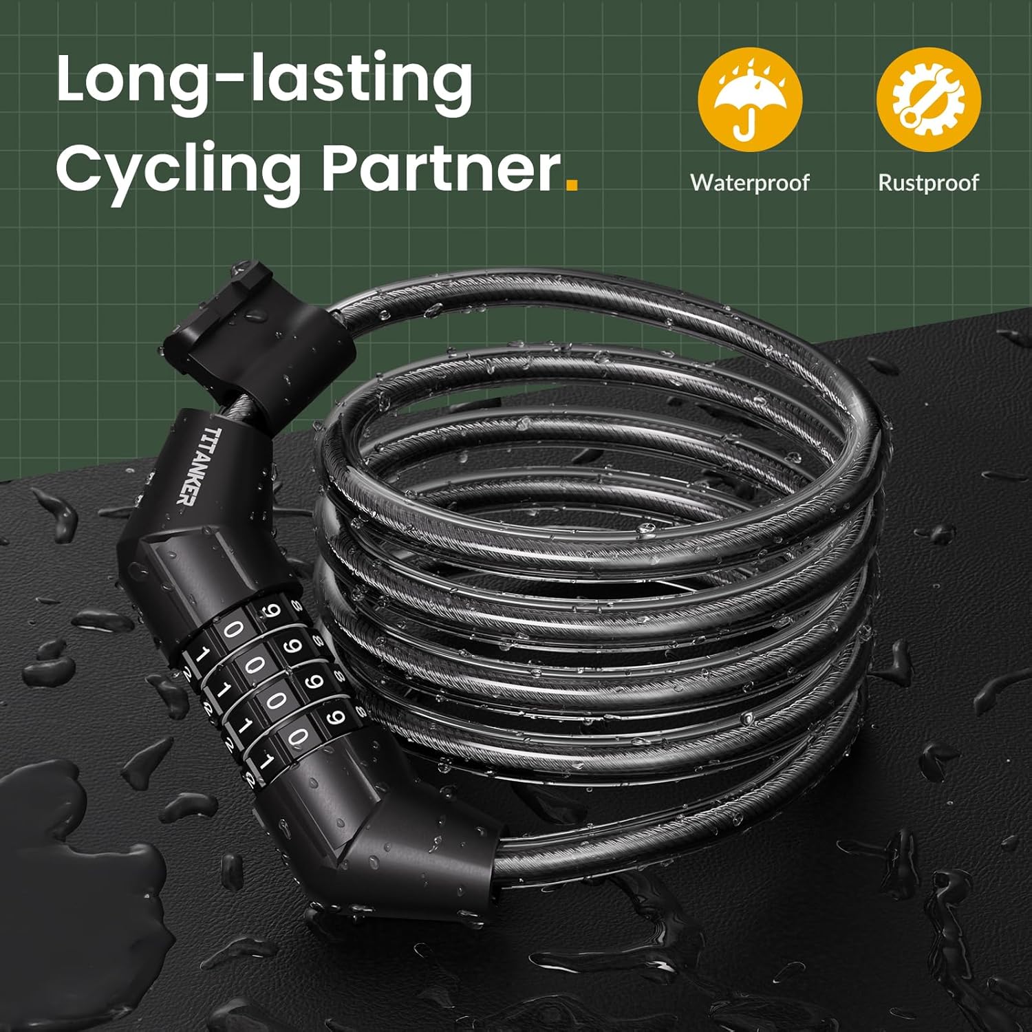 Titanker Bike Lock Cable, 4 Feet Bike Cable Lock Basic Self Coiling Kids Bike Lock Combination with Complimentary Mounting Bracket, 5/16 Inch Diameter (4FT, Black-8mm) - Image 3