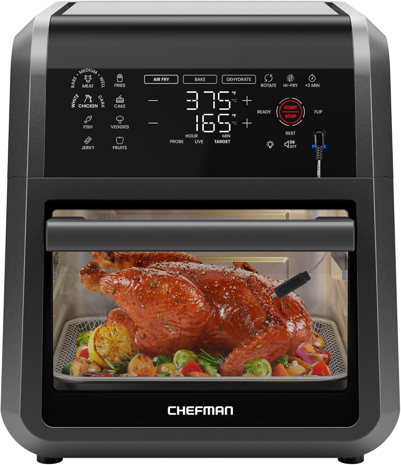 CHEFMAN ExacTemp™ 12 Quart 5-in-1 Air Fryer with Integrated Smart Cooking Thermometer, 28 Touchscreen Presets, Rotisserie, Dehydrator, Bake, XL Convection Oven with Auto Shutoff, Black - Image 2