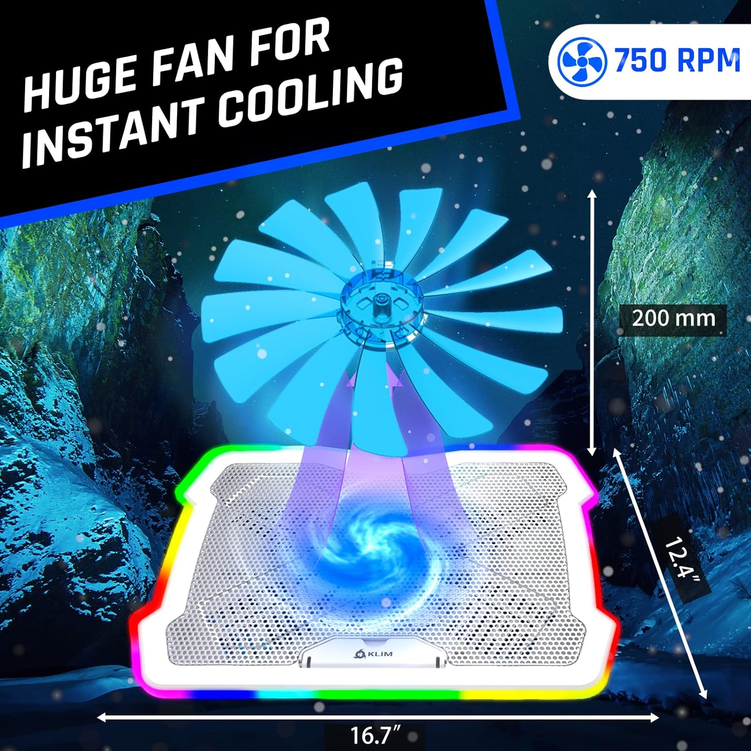 KLIM Ultimate + RGB Laptop Cooling Pad with LED Rim + New 2024 + Gaming Laptop Cooler + USB Powered Fan + Very Stable and Silent Laptop Stand + Compatible up to 17" + PC Mac PS5 PS4 Xbox One - White - Image 5