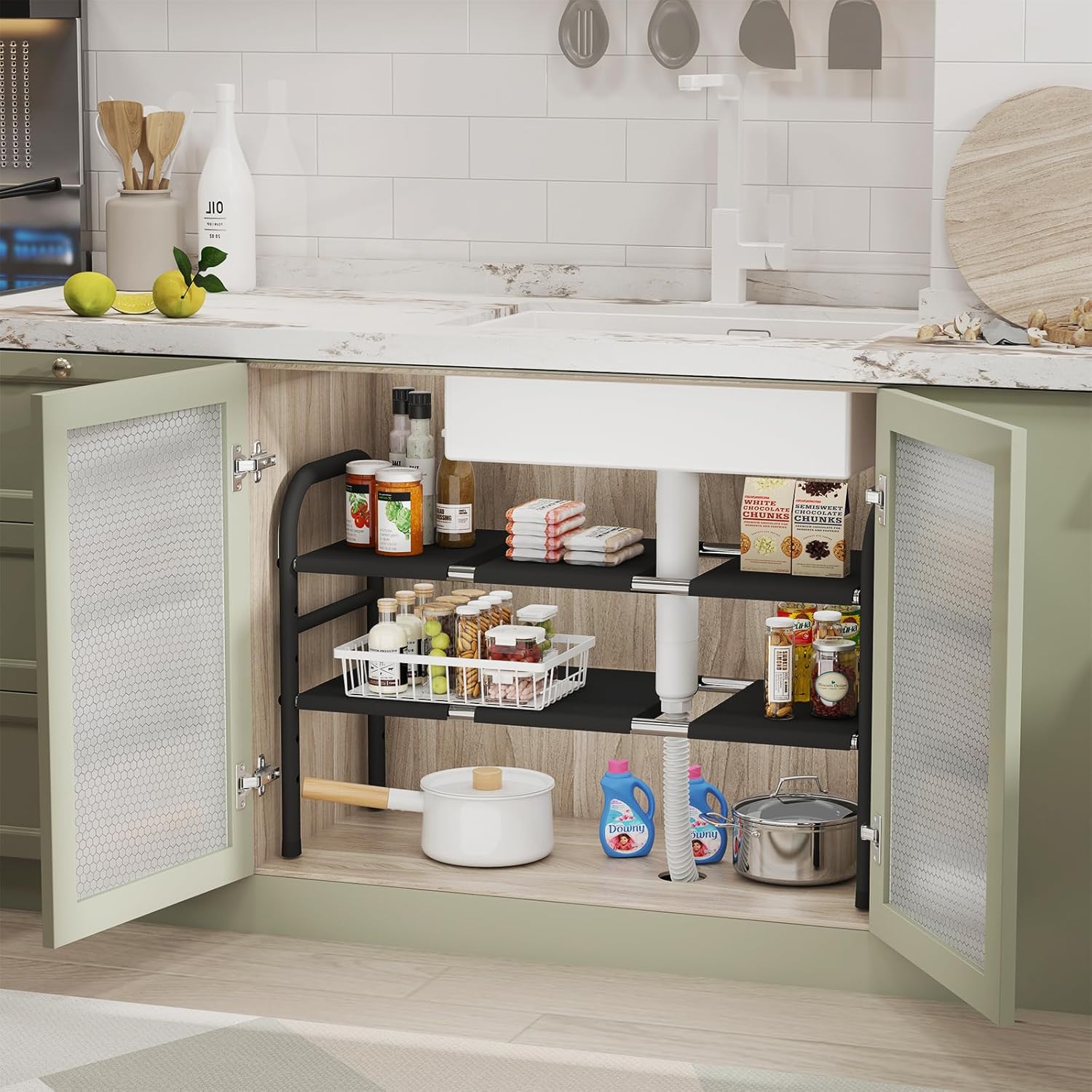 Expandable Under Sink Organizers, 2-Tier Kitchen Bathroom Cabinet Storage Counter Shelf, Shoe Storage Rack with 8 Removable Plastic Boards for Kitchen, Bathroom, Pantry, Entryway, Closet - Image 9