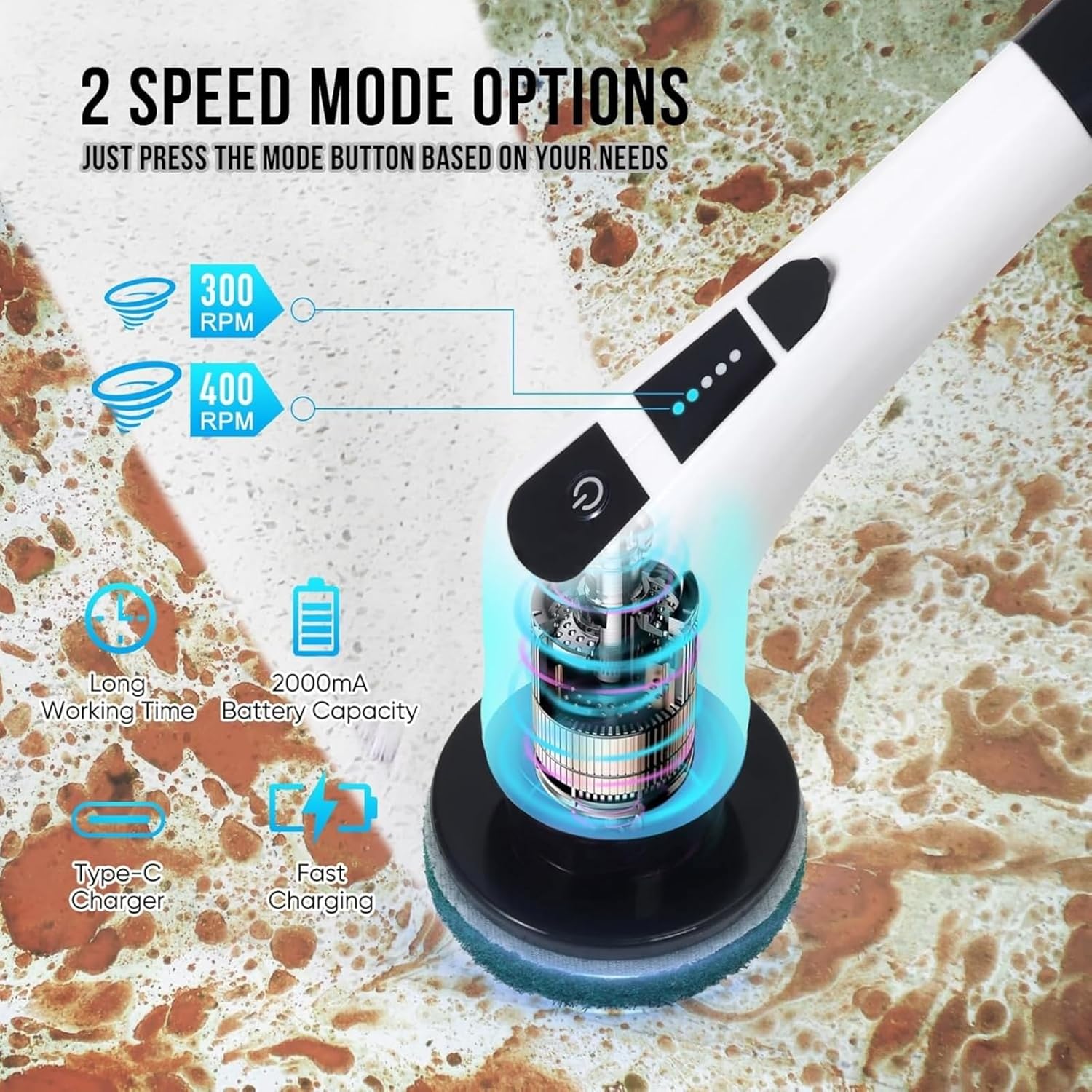 Cordless Electric Spin Scrubber - 7 Brush Heads, Dual-Speed Power, Adjustable Handle for Bathroom, Kitchen, Tile, Bathtub & Floor Cleaning - Image 6