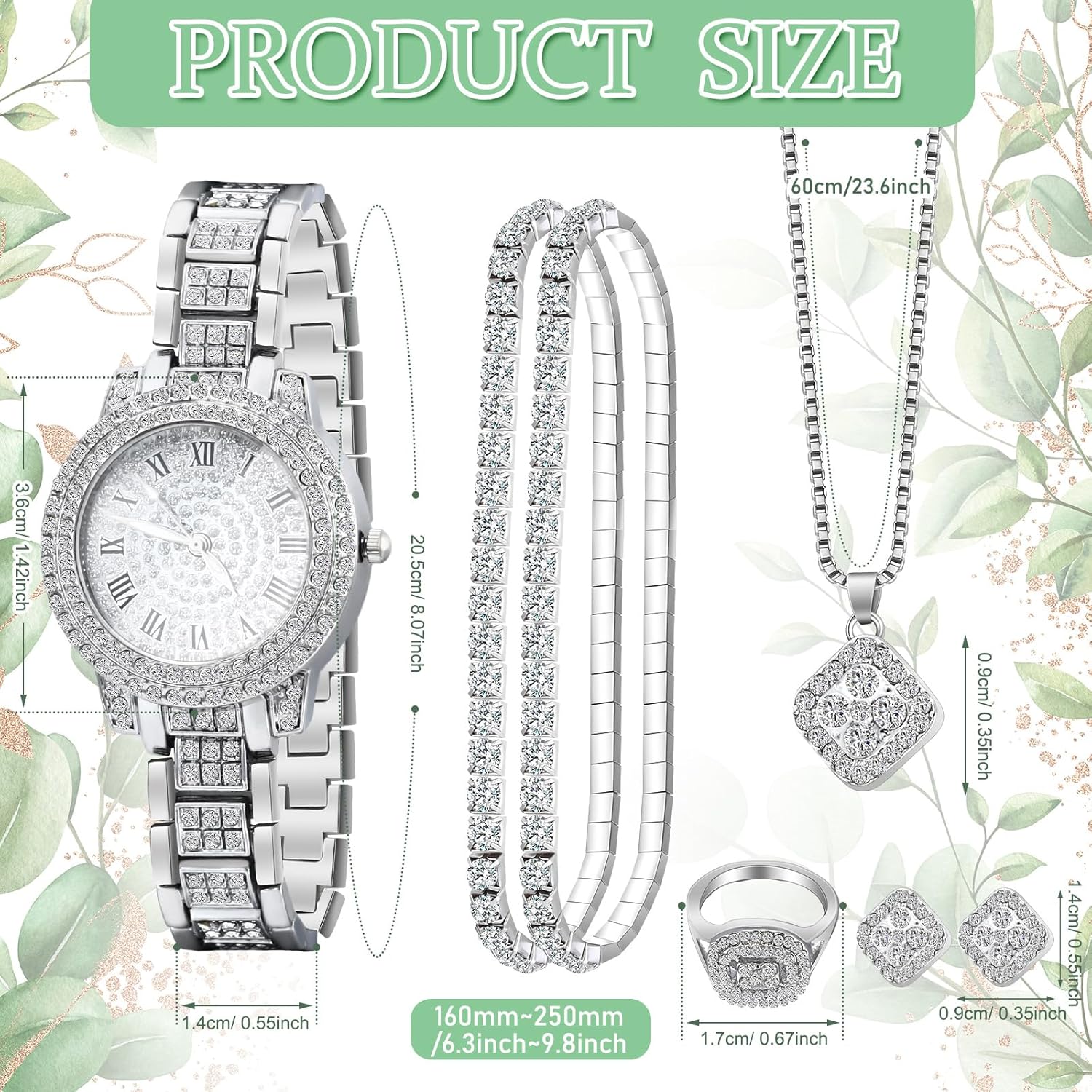7 Pcs Luxury Women Watch and Bracelet Set Elegant Rhinestone Jewelry Quartz Watch and Women's Wrist Bangle Diamond Ring Necklace Earrings Set with Box for Wife Ladies Gift - Image 3