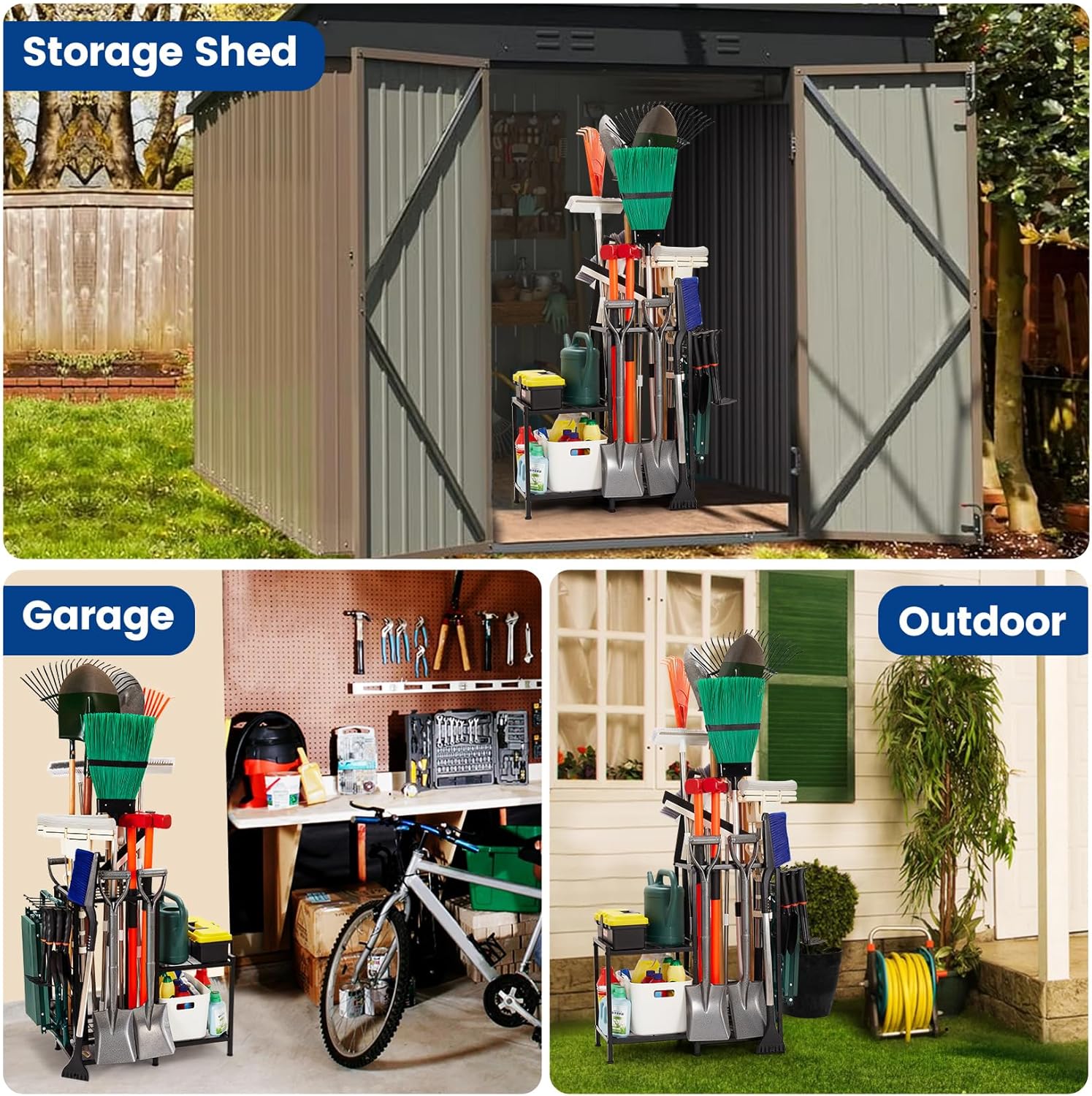 Garden Tool Organizer with 2-Tier Steel Shelves, Holds 50 Long-Handled Tools/Rakes/Brooms/Shovles for Garage Organization and Storage, Shed, Outdoor, Lawn, Heavy-Duty Steel, Black, Easy Assembly - Image 3