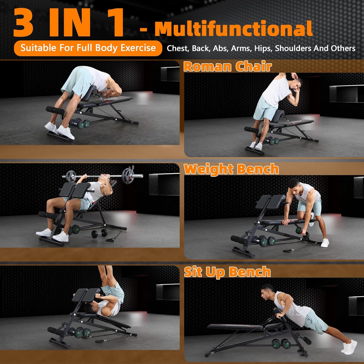 OPPSDECOR Adjustable Weight Bench with Preacher Curl, 900LBS Heavy Duty Roman Chair for Hyper Back Extension, 3 IN 1 Workout Bench Press for Home Gym Full Body Strength Training with 2 Resistance Bands - 2024 Upgrade - Image 7