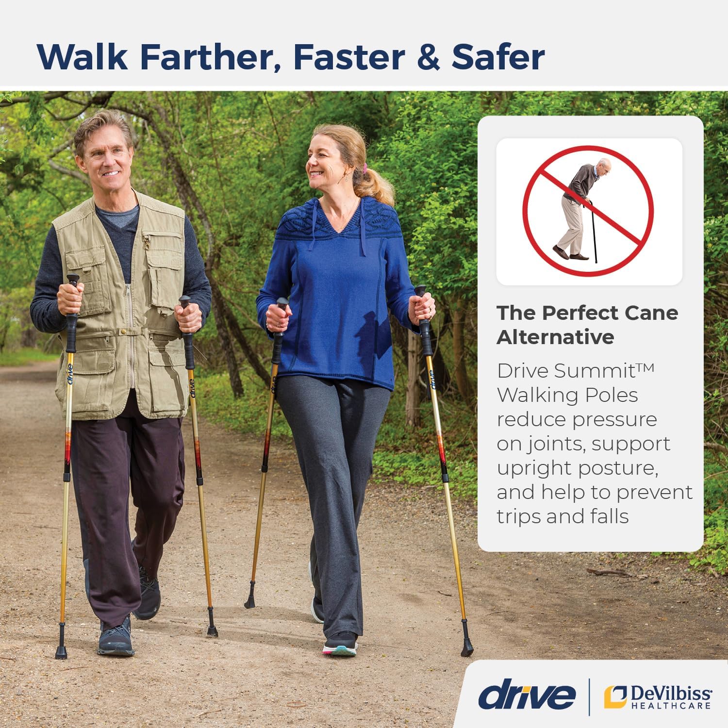 Drive Medical Summit Walking Poles, Adjustable Nordic Walking Poles for Women, Men, Seniors, Trekking Poles, Walking Stick Set with Ergonomic Handles and Two Types of Tips, Mountain Print - Image 3