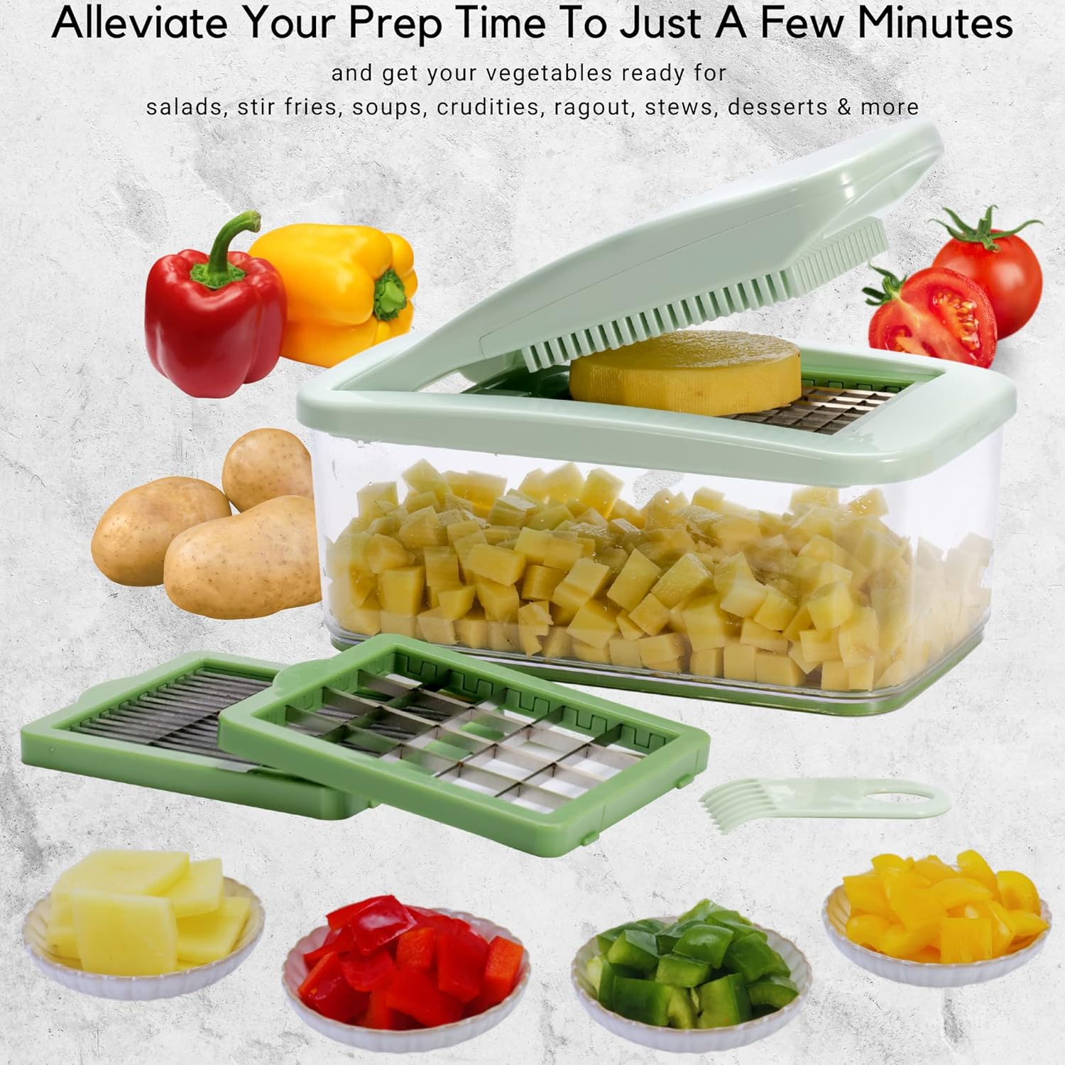Brieftons QuickPush Food Chopper: Vegetable Dicer Slicer, Onion Cutter, 3 Extra-Large Blades with 200% More Cutting Area to Chop Dice Slice Vegetables, 2.6-Quart Container - Image 7