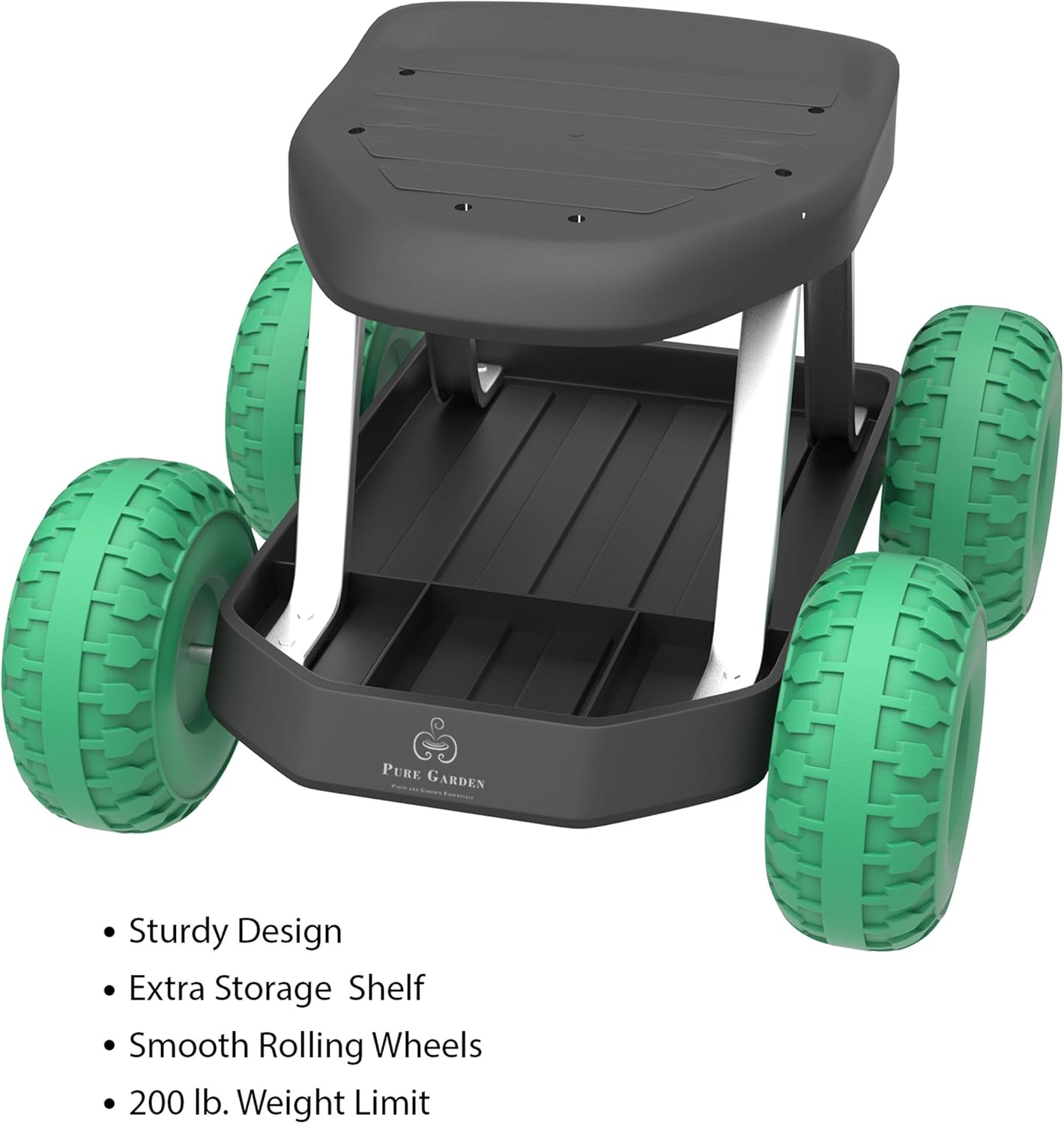 Garden Cart Rolling Stool Gardening Seat with Wheels and Tool Tray for Weeding, Planting, or Lawn Care Yard Tools by Pure Garden (Black and Green) - Image 5