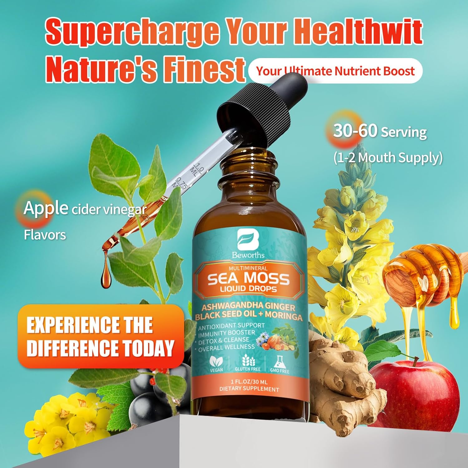 Sea Moss Drops with Black Seed Oil Ashwagandha Turmeric Bladderwrack Burdock & Vitamin C Vitamin D3 with Elderberry Manuka, Chlorophyll - Image 3