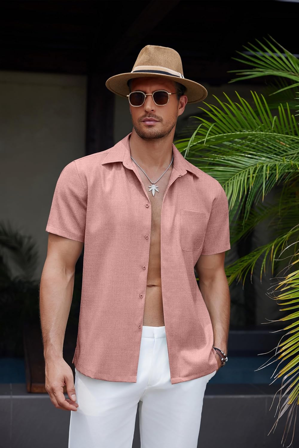 COOFANDY Mens Linen Shirt Casual Short Sleeve Button Down Shirt Summer Beach Vacation Wedding Wear - Image 4