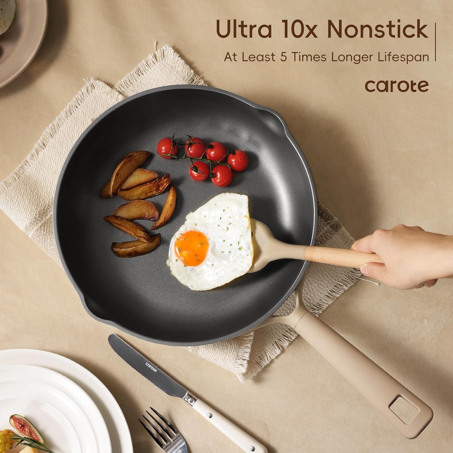 CAROTE 19pcs Nonstick Cookware Set, Pots and Pans Set Non Stick, kitchen Cooking Set, Premium Induction Cookware, Frying pan, Large Capacity Granite, Brown - Image 5