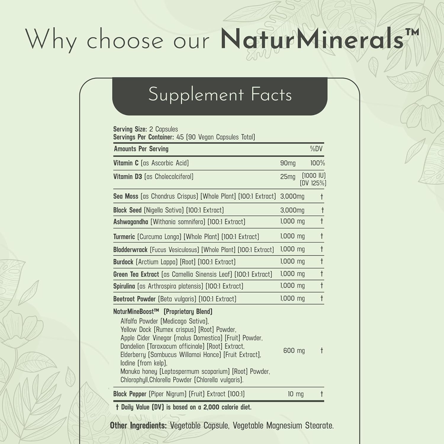 Black Seed Oil 3000mg Sea Moss 3000mg Ashwagandha 1000mg Turmeric 1000mg Burdock 1000mg Bladderwrack 1000mg & Elderberry Manuka Chlorophyll Dandelion Yellow Dock - (90 Capsules Pack of 1) - Image 3