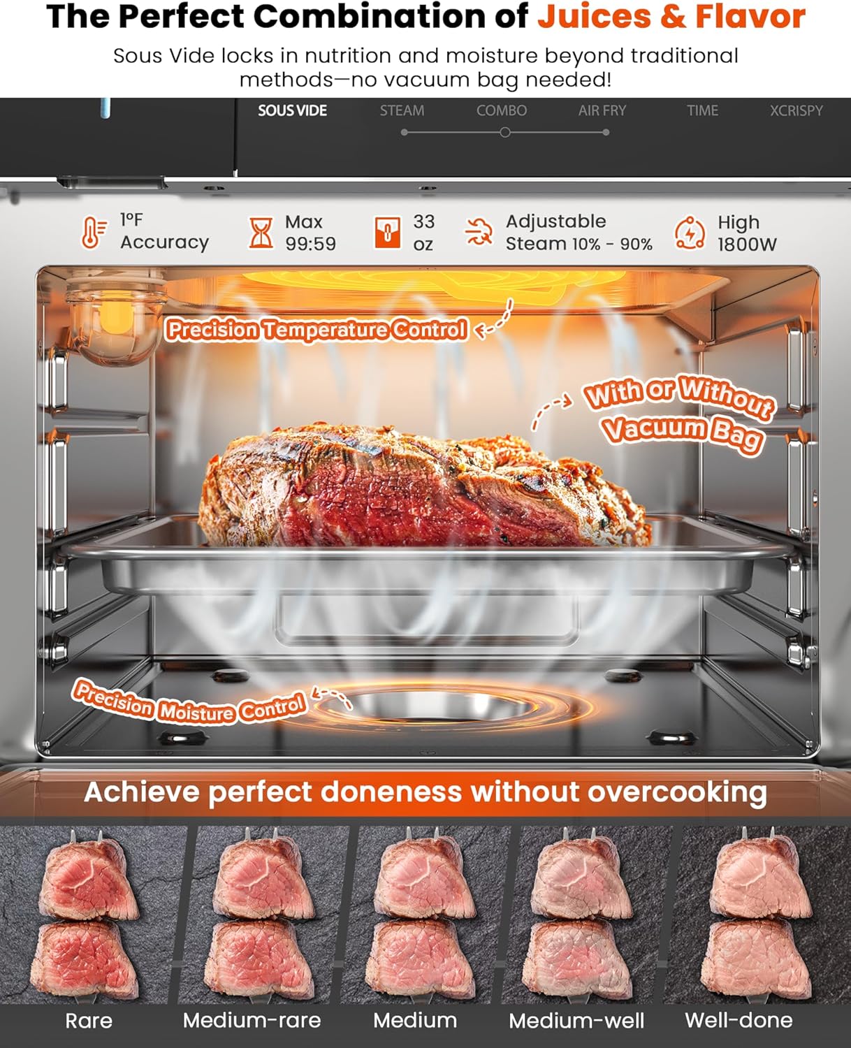 Nuwave Combi Steam Oven, 16Qt All-in-One Stainless Steel Multi-Cooker: Air Fry, Toast, Steam, Sous Vide & More, Precise 50-450°F, Adjustable Moisture, 120 Presets, Programmable Memories, Easy to Clean - Image 6