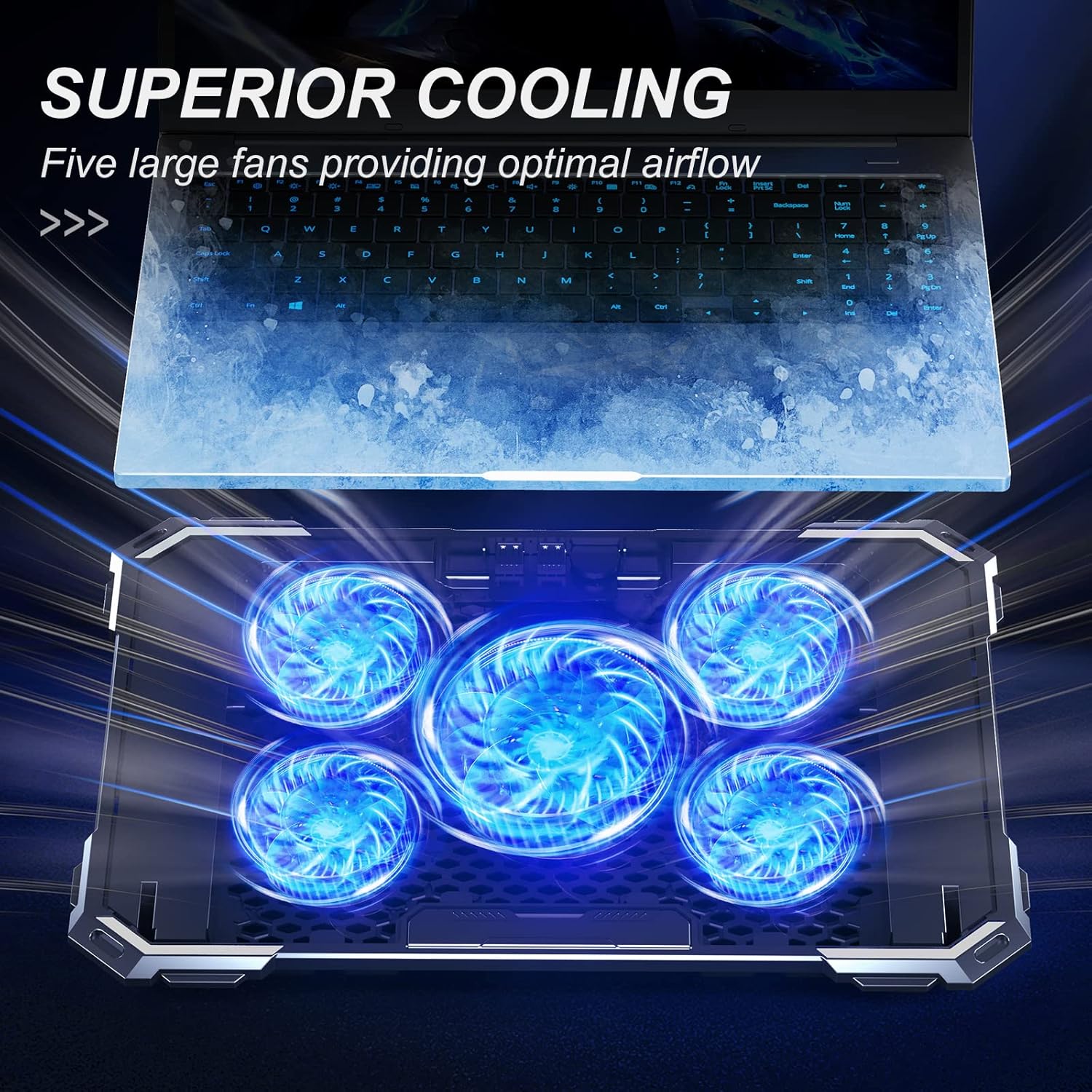 Upgrade Laptop Cooling Pad,Gaming Laptop Cooler with 5 Quiet Fans,2 USB Ports,5 Adjustable Stand Height,Blue LED Lights,for 15.6 Inch Laptops - Image 3