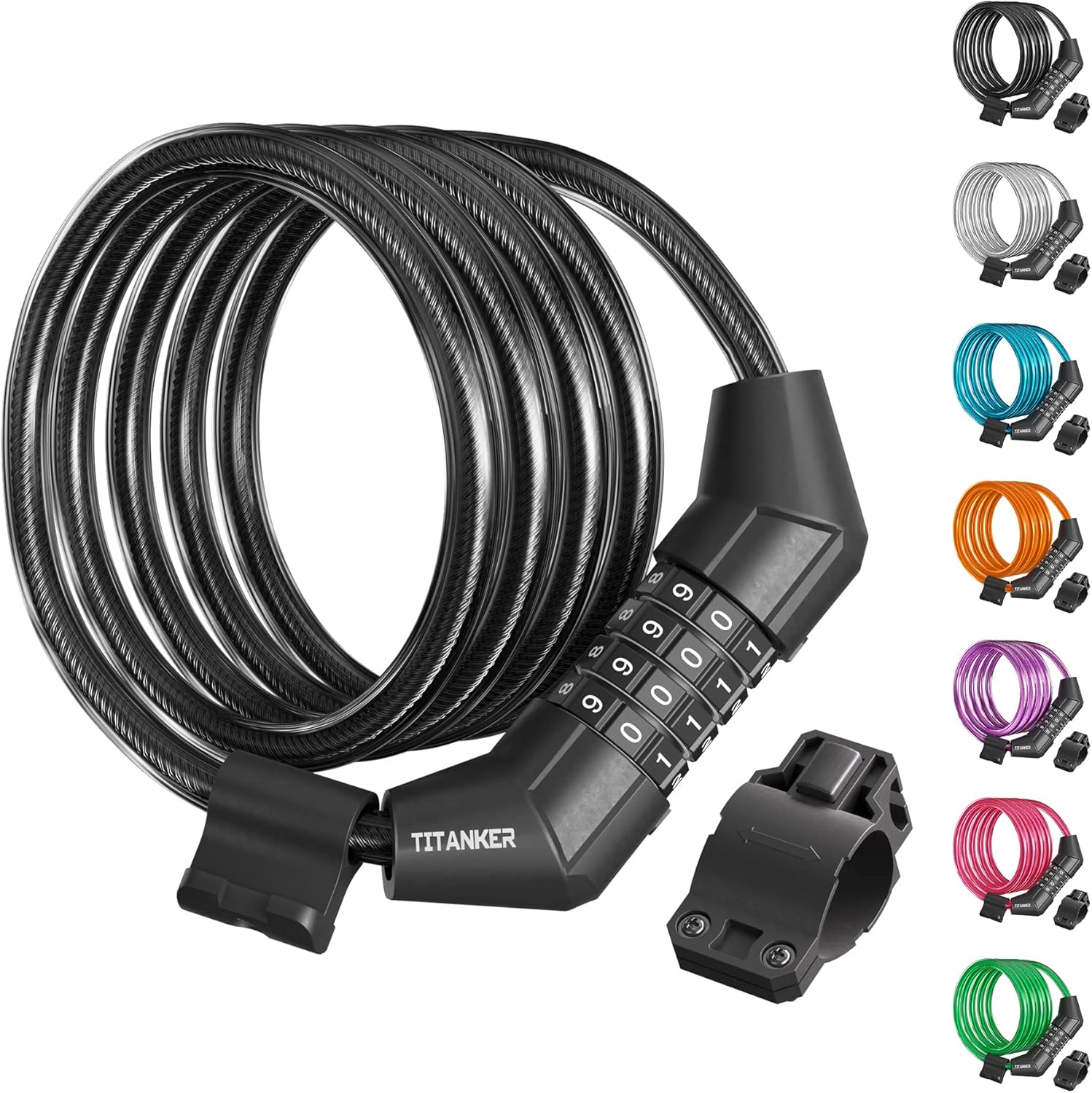 Titanker Bike Lock Cable, 4 Feet Bike Cable Lock Basic Self Coiling Kids Bike Lock Combination with Complimentary Mounting Bracket, 5/16 Inch Diameter (4FT, Black-8mm) - Image 2