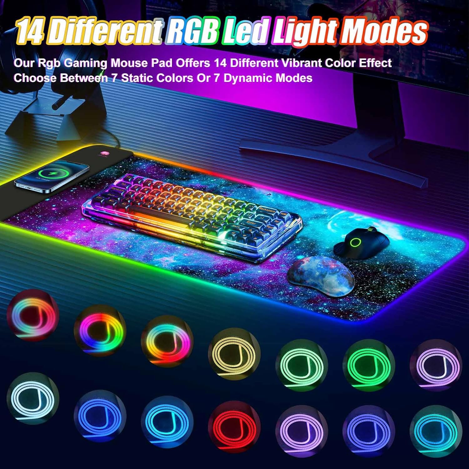 ToLuLu Wireless Charging RGB Gaming Mouse Pad, 15W LED Mouse Mat with 30W Charger, 14 Light Modes Large Mousepad with Wrist Support, Non-Slip Rubber Base Desk Mat Computer Keyboard Pad, Galaxy Nebula - Image 4