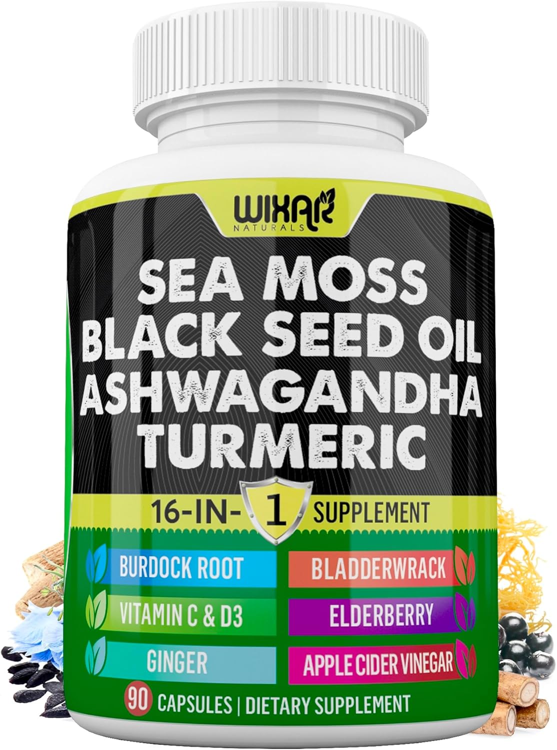Wixar Sea Moss 3000mg Black Seed Oil 2000mg Ashwagandha 1000mg Turmeric 1000mg Bladderwrack 1000mg Burdock 1000mg & Vitamin C & D3 with Elderberry Dandelion Yellow Dock Chlorophyll ACV - 90 Capsules - Image 2