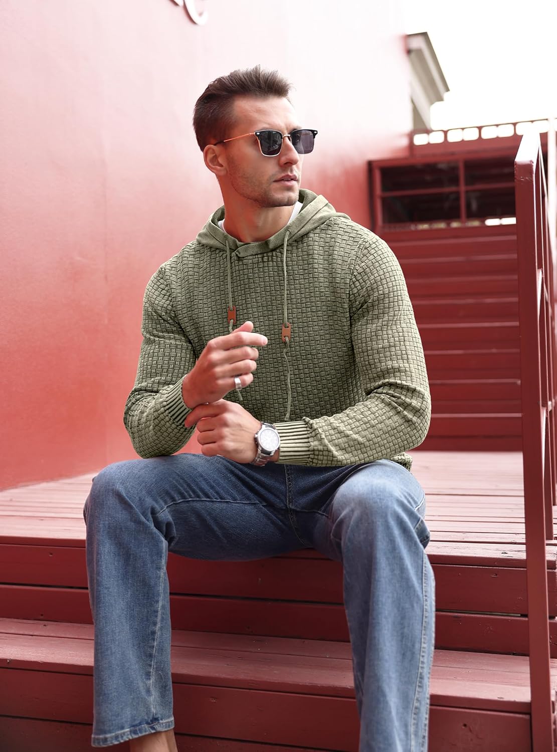 Zaitun Mens Acid Wash Cotton Hoodies Pullover Sweatshirt Long Sleeve Waffle Hoodies Streetwear - Image 4