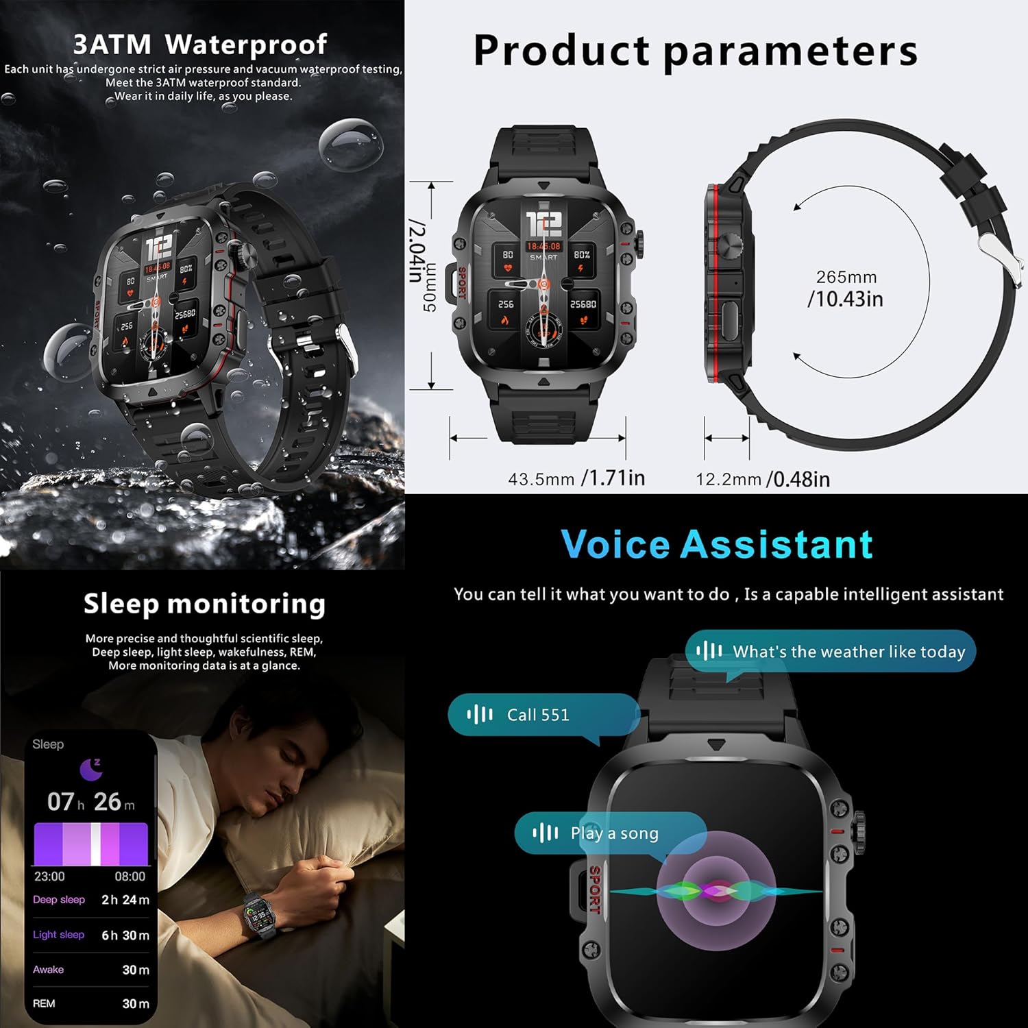 Military Smart Watch for Men(Answer/Dial Calls), 5ATM Waterproof Smartwatch Fitness Tracker for Android iPhone, 1.96" Activity Tracker with Heart Rate Sleep SpO2 Monitor, Calorie, 3 Straps (Brown) - Image 7