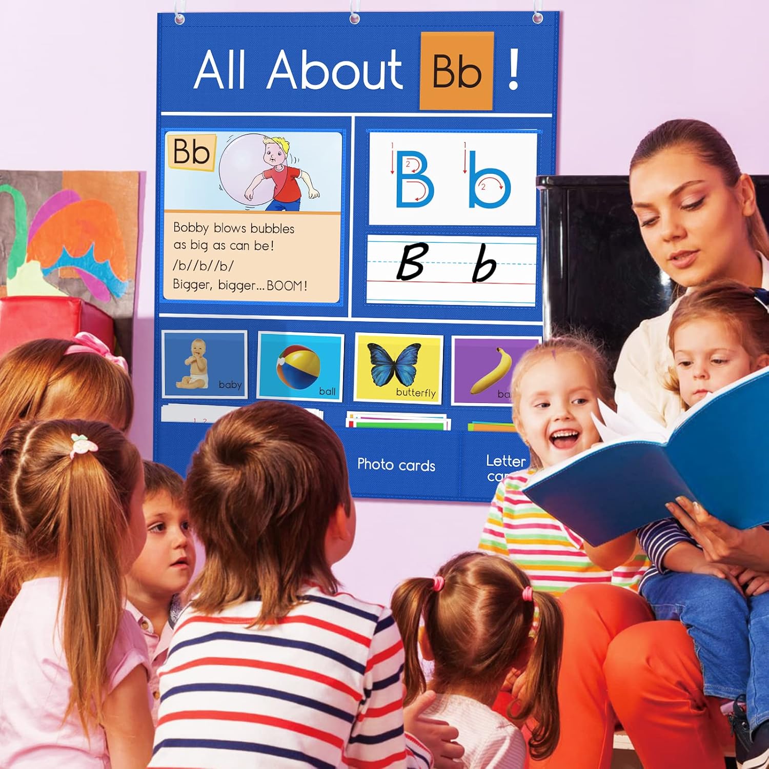Auchq All About Letter Pocket Chart, Letter of The Day/Week Activity Wall-Provides Student Daily Practice in Learning The Alphabet, Chants, Words-Great for Classroom Homeschool 34" x 27" - Image 3