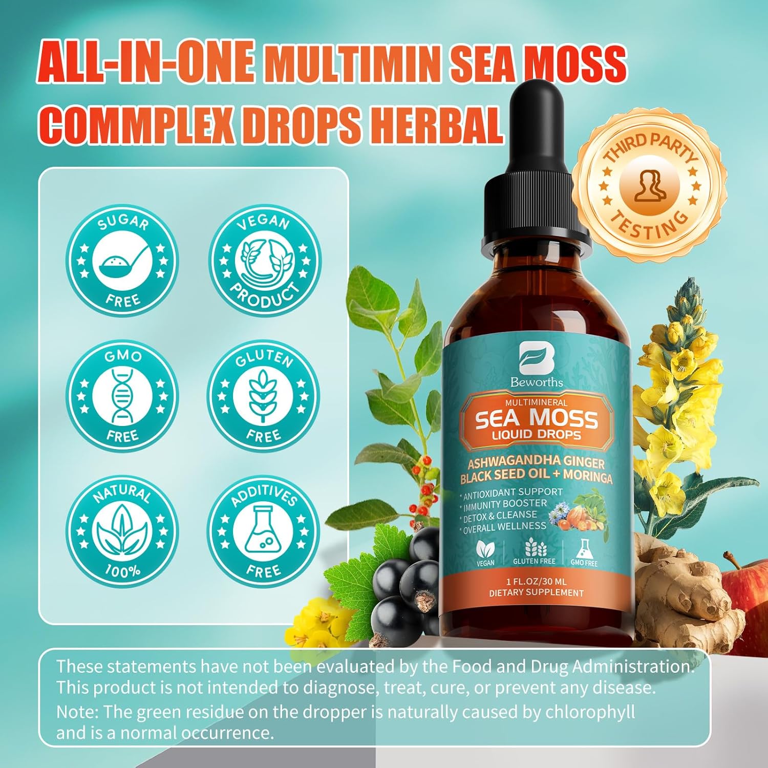 Sea Moss Drops with Black Seed Oil Ashwagandha Turmeric Bladderwrack Burdock & Vitamin C Vitamin D3 with Elderberry Manuka, Chlorophyll - Image 2