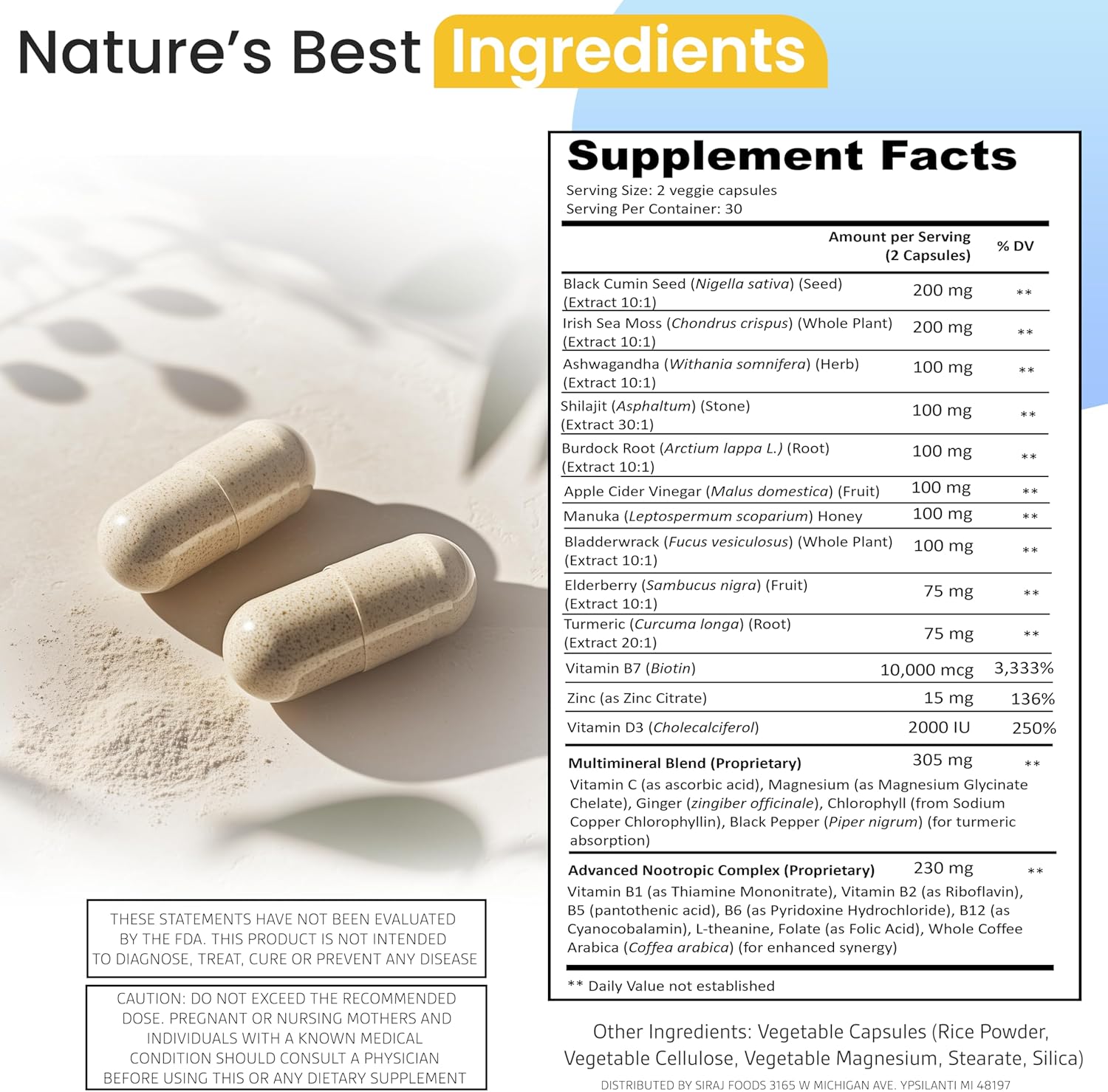 Black Seed Oil, Shilajit, Sea Moss, Ashwagandha, Turmeric, Bladderwrack, Burdock, Elderberry, Vitamin C, Vitamin D3, Vitamin B, Manuka Honey, Nootropic Formula (Vitamin B Complex and L-Theanine) - Image 6