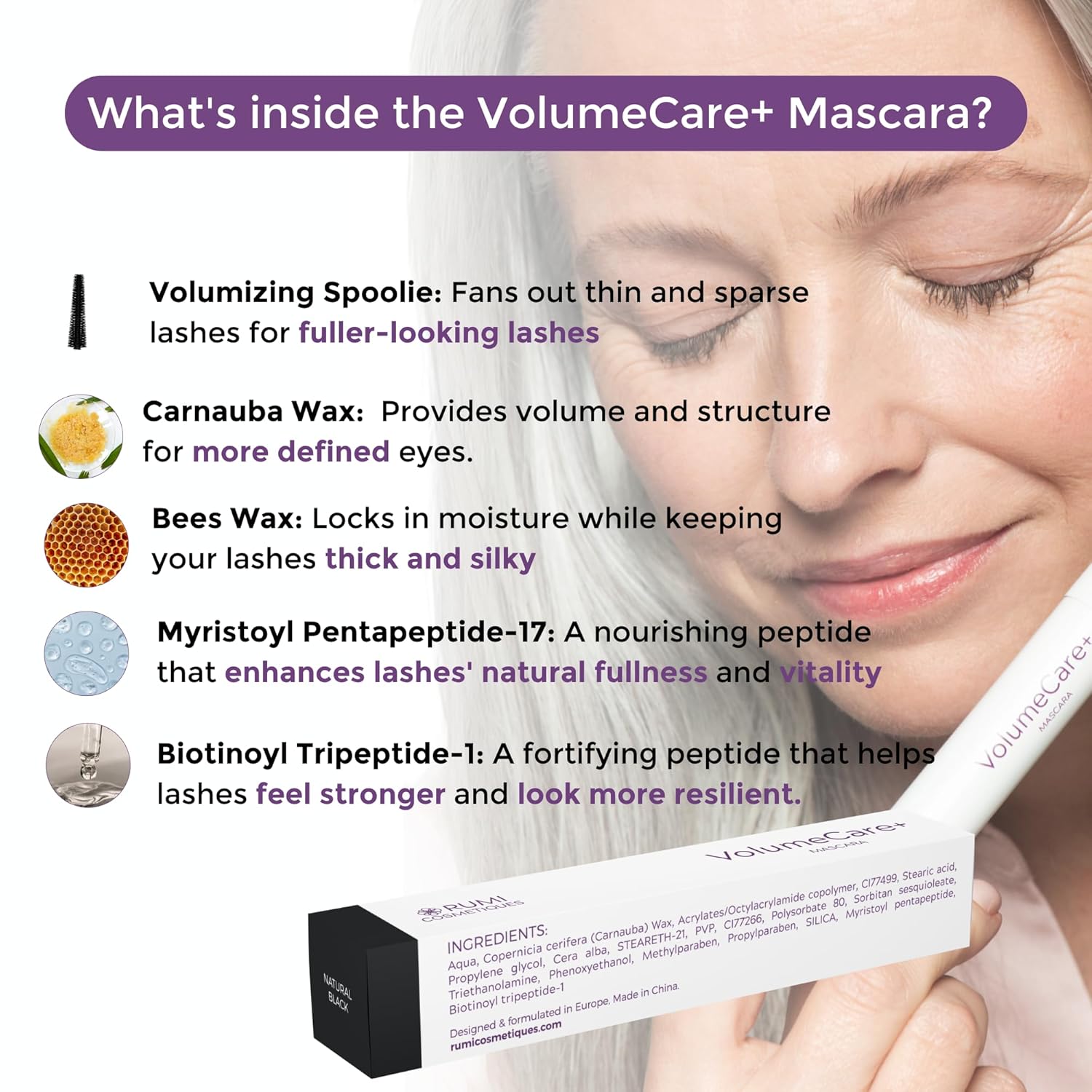 VolumeCare+ Mascara For Older Women - Extreme Length and Volume 2-in-1 Formula - No Clumps, Long-Wearing, Hypoallergenic Mascara For Sensitive Eyes (Natural Black) - Image 5