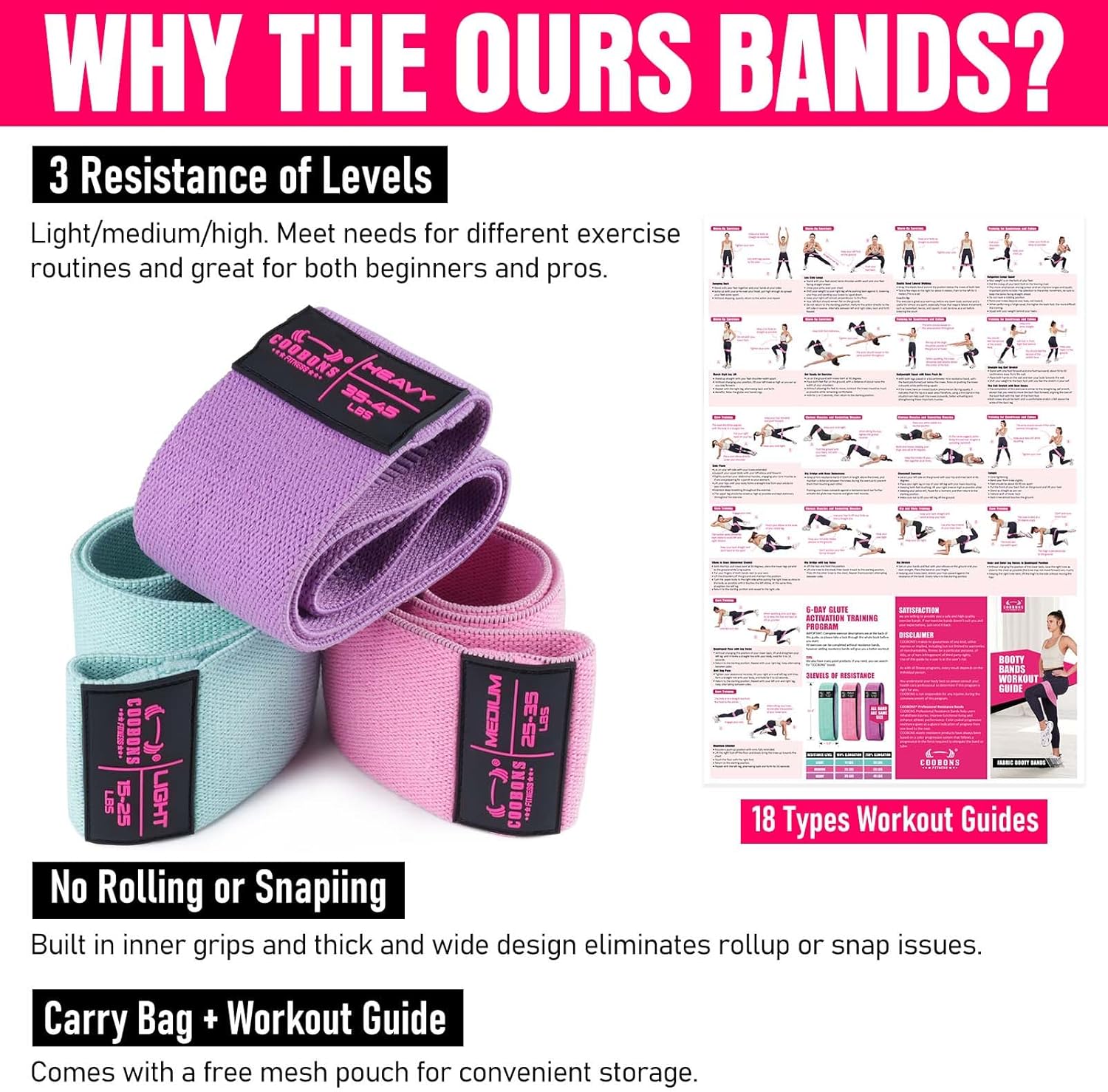 Fabric Resistance Bands for Working Out - Exercise Bands for Women and Men, Booty Bands for Legs and Butt, Yoga, Pilates, Rehab, Fitness and Home Workout - Image 3