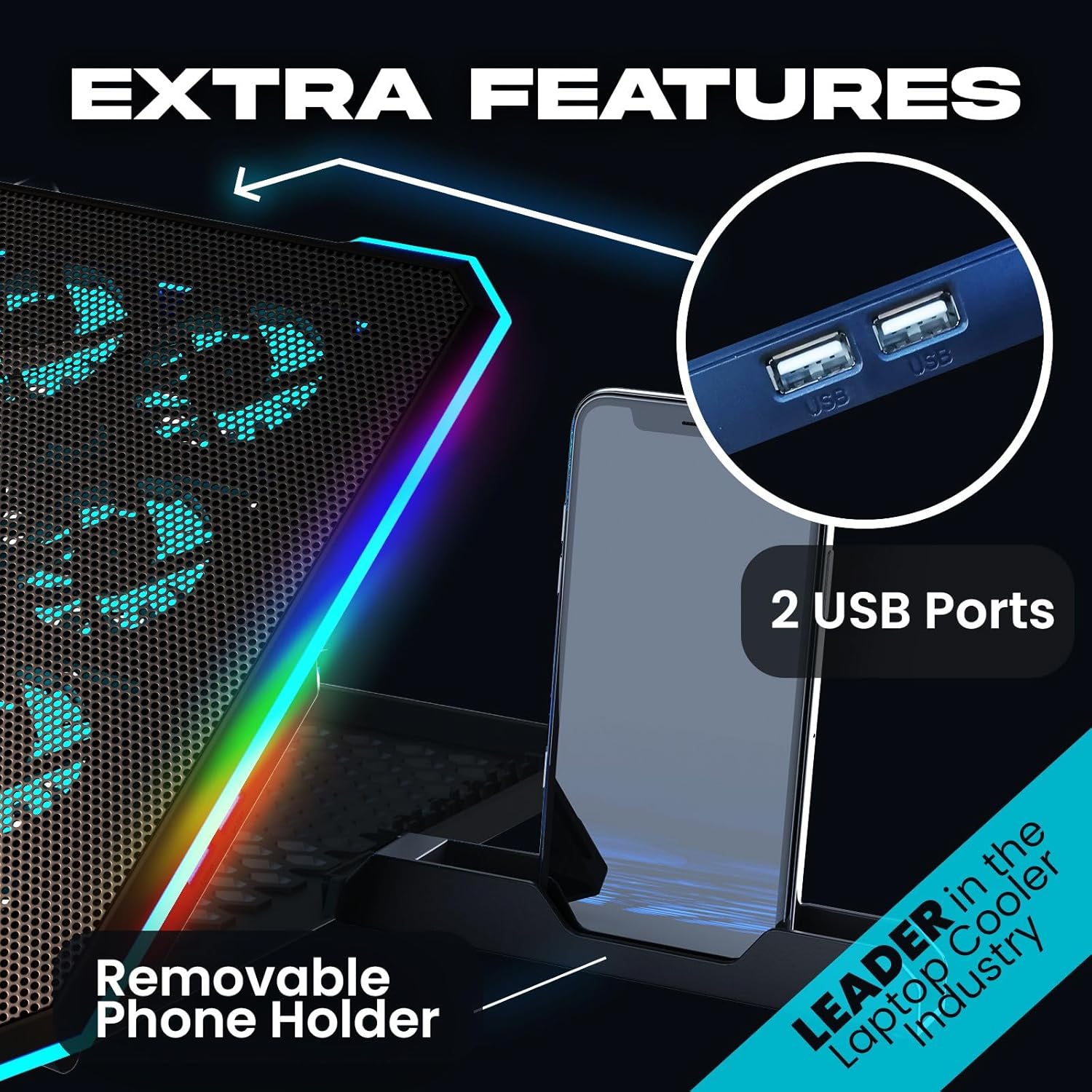 KLIM V14 Gaming Laptop Cooling Pad with 14 Fans + Gaming Laptop Cooler + Stable RGB Laptop Stand with Fan + Compatible up to 17 Inches + 2 USB Ports + Mobile Phone Holder + 5 Years Protection - Image 7