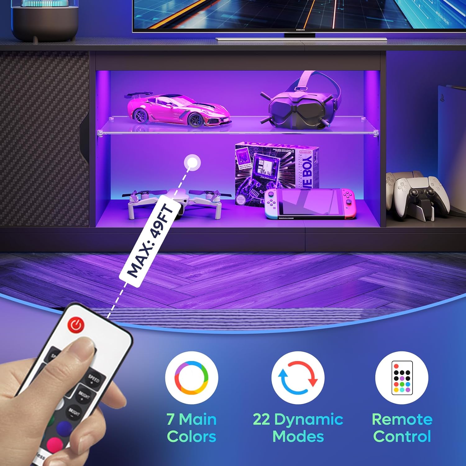 Bestier LED TV Stand for 65/75/80 inch TV, 70 inch Entertainment Center with Adjustable Glass Shelf & Storage Cabinet for PS5 Xbox, Modern TV Console Table for Living Room Bedroom, Black Carbon Fiber - Image 4