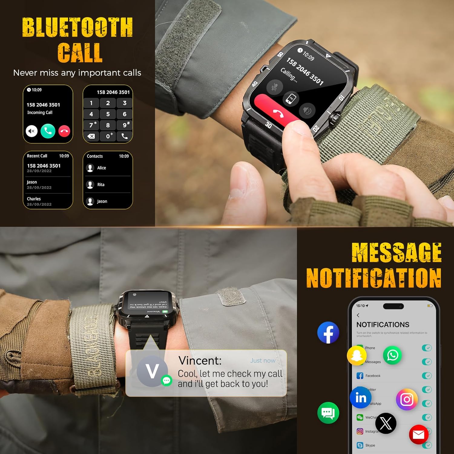 Military Smart Watch for Men 3ATM Waterproof Watch 2.0'' Big Screen Tactical Smartwatch 430mAh Fitness Tracker with Heart Rate Sleep Monitor Outdoor Answer Call for iPhone Android - Image 6