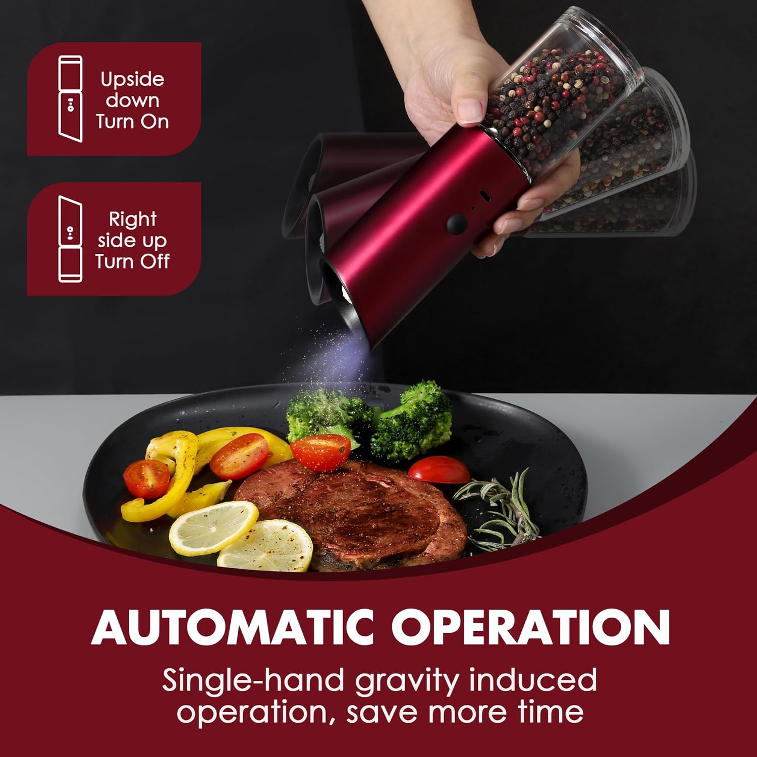 Vzaahu Gravity Electric Pepper and Salt Grinder Set of 2 - Rechargeable, Refillable, Adjustable Coarseness, Stainless Steel Seasalt Peppermill with LED light - One Hand Operation (Red) - Image 3