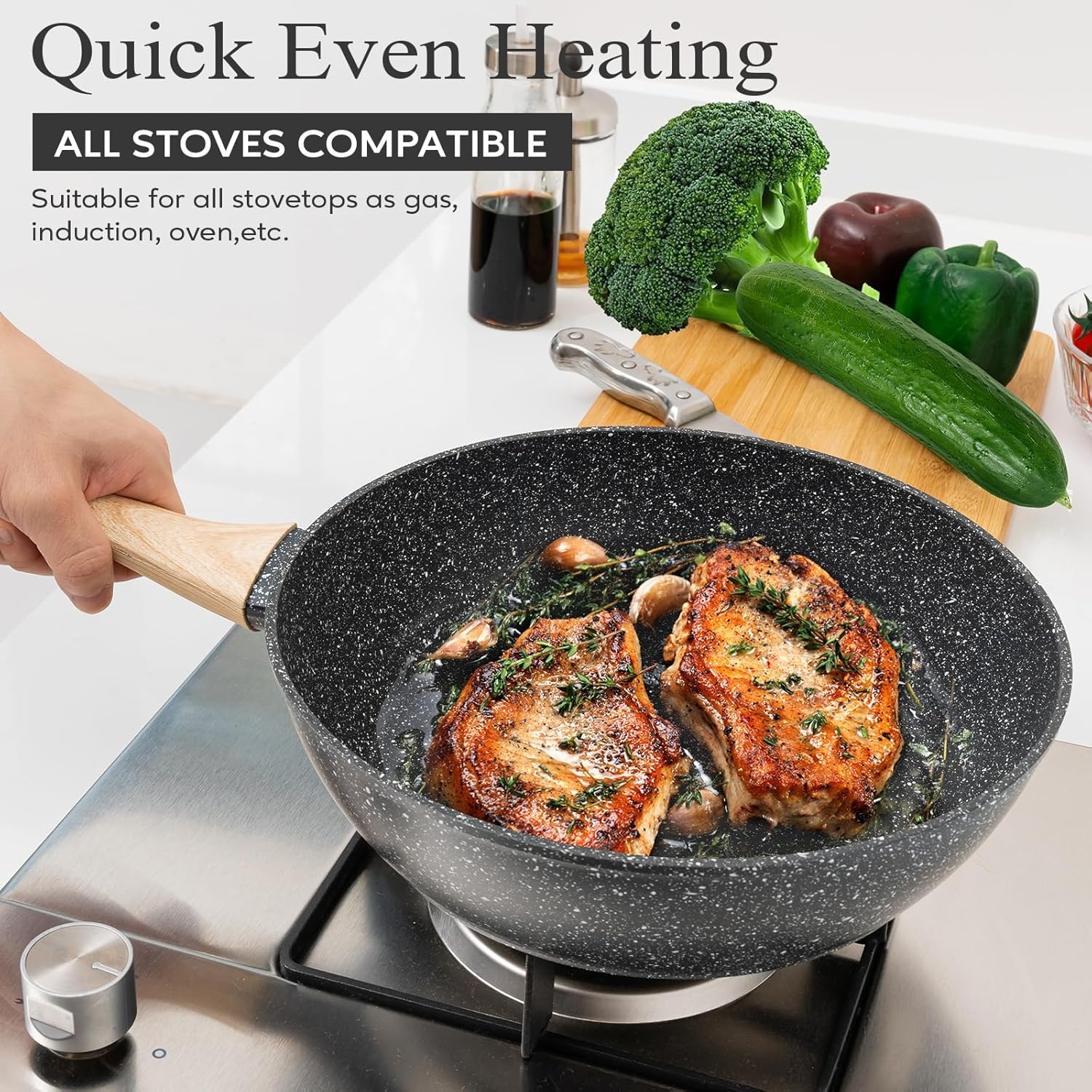 12 Pcs Pots and Pans Set, Nonstick Cookware Sets Black Granite Induction Cookware, Non-toxic Healthy Non Stick Kitchen Cooking Set with Frying Pans Set, Saucepans,Steamer (PFAS, PFOA, PFOS Free) - Image 6