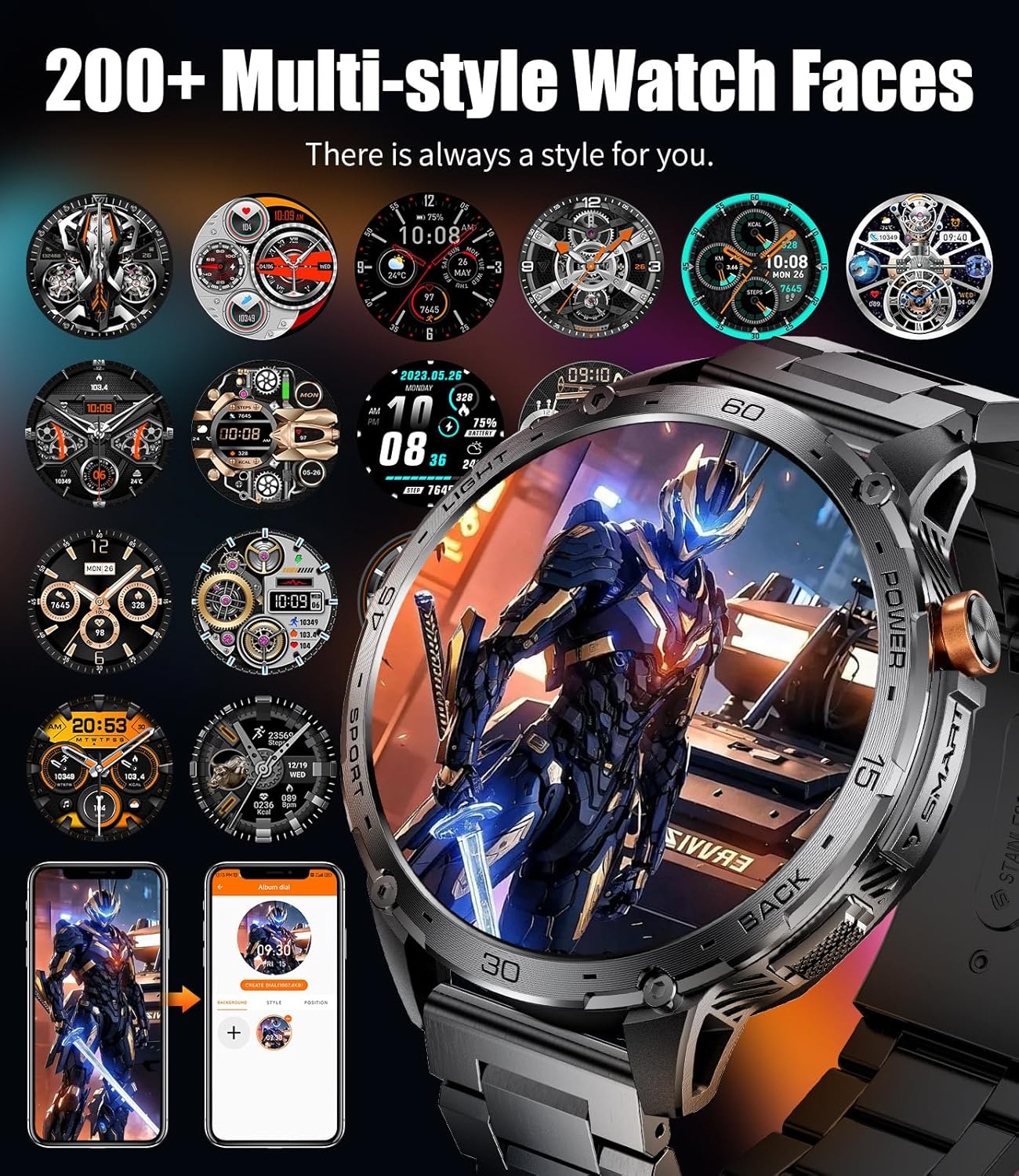 Smart Watch for Men with LED Flashlight(730mAh Battery), 1,75'' AMOLED Large Display Military Smart Watches with 130+ Sports, 24/7 Heart Rate/Sleep Monitor IP68 Waterproof for Android iOS Black - Image 9