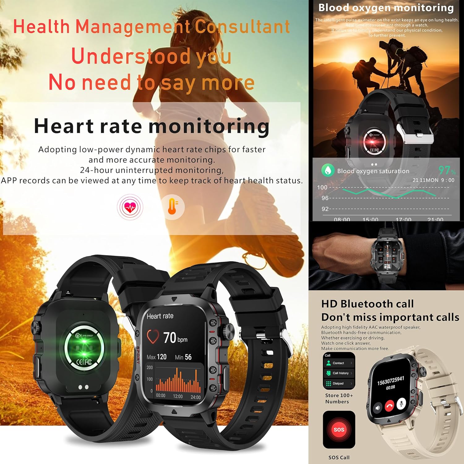 Military Smart Watch for Men(Answer/Dial Calls), 5ATM Waterproof Smartwatch Fitness Tracker for Android iPhone, 1.96" Activity Tracker with Heart Rate Sleep SpO2 Monitor, Calorie, 3 Straps (Brown) - Image 6