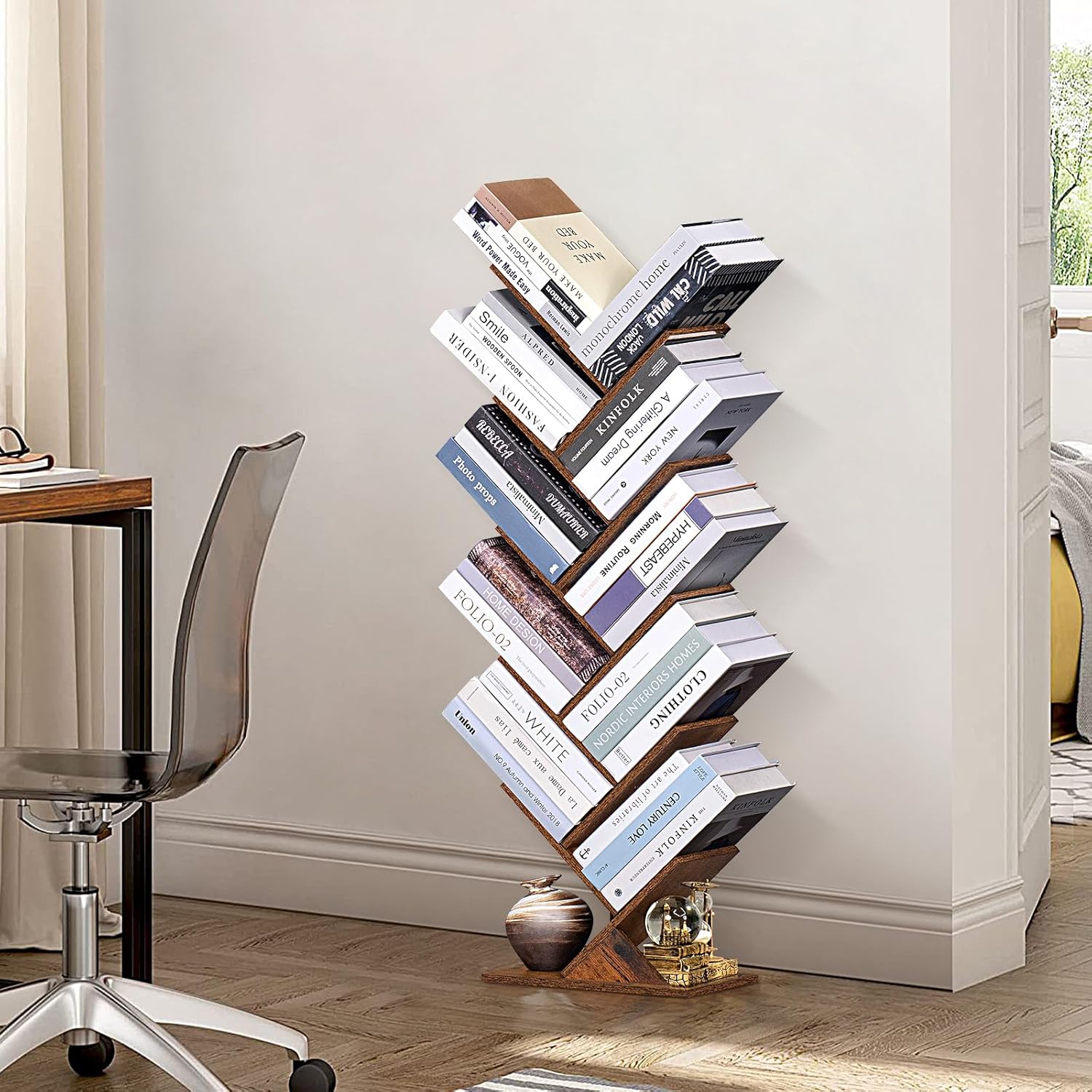 10 Tier Tree Book Shelf, Floor Standing Wood Bookshelf for Narrow Space, Storage Organizer Bookshelves for Books/CDs/Magazine, Bookcase with Shelves for Home Office, Living Room - Brown - Image 3