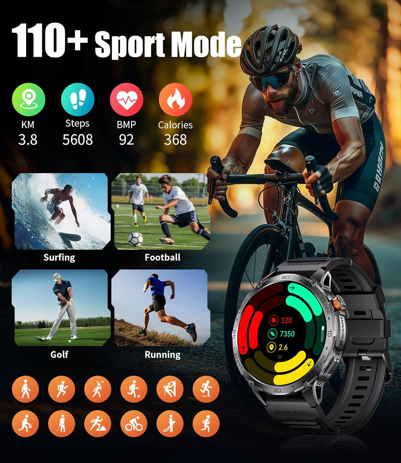 Smart Watch for Men with LED Flashlight(730mAh Battery), 1,75'' AMOLED Large Display Military Smart Watches with 130+ Sports, 24/7 Heart Rate/Sleep Monitor IP68 Waterproof for Android iOS Black - Image 6