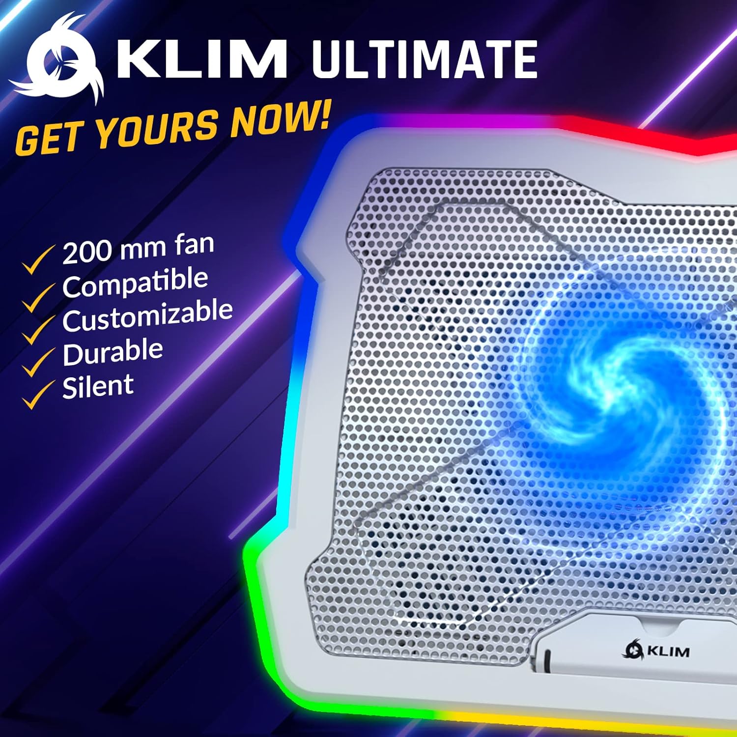 KLIM Ultimate + RGB Laptop Cooling Pad with LED Rim + New 2024 + Gaming Laptop Cooler + USB Powered Fan + Very Stable and Silent Laptop Stand + Compatible up to 17" + PC Mac PS5 PS4 Xbox One - White - Image 4