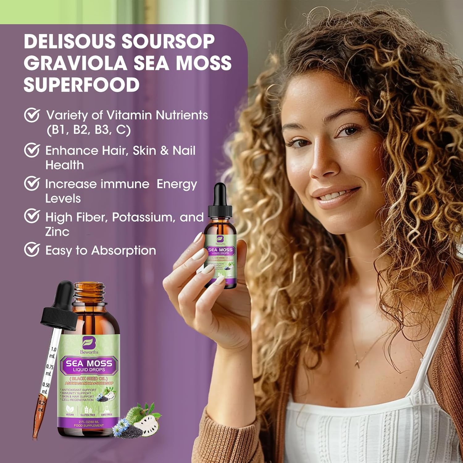 Sea Moss Liquid Drops - Irish Sea Moss Black Seed Oil with Ashwagandha, Soursop Bitters, Elderberry, Burdock Root, Bladderwrack, Multimineral Seamoss Supplement Support Antioxidant, Immune, Gut Health - Image 4