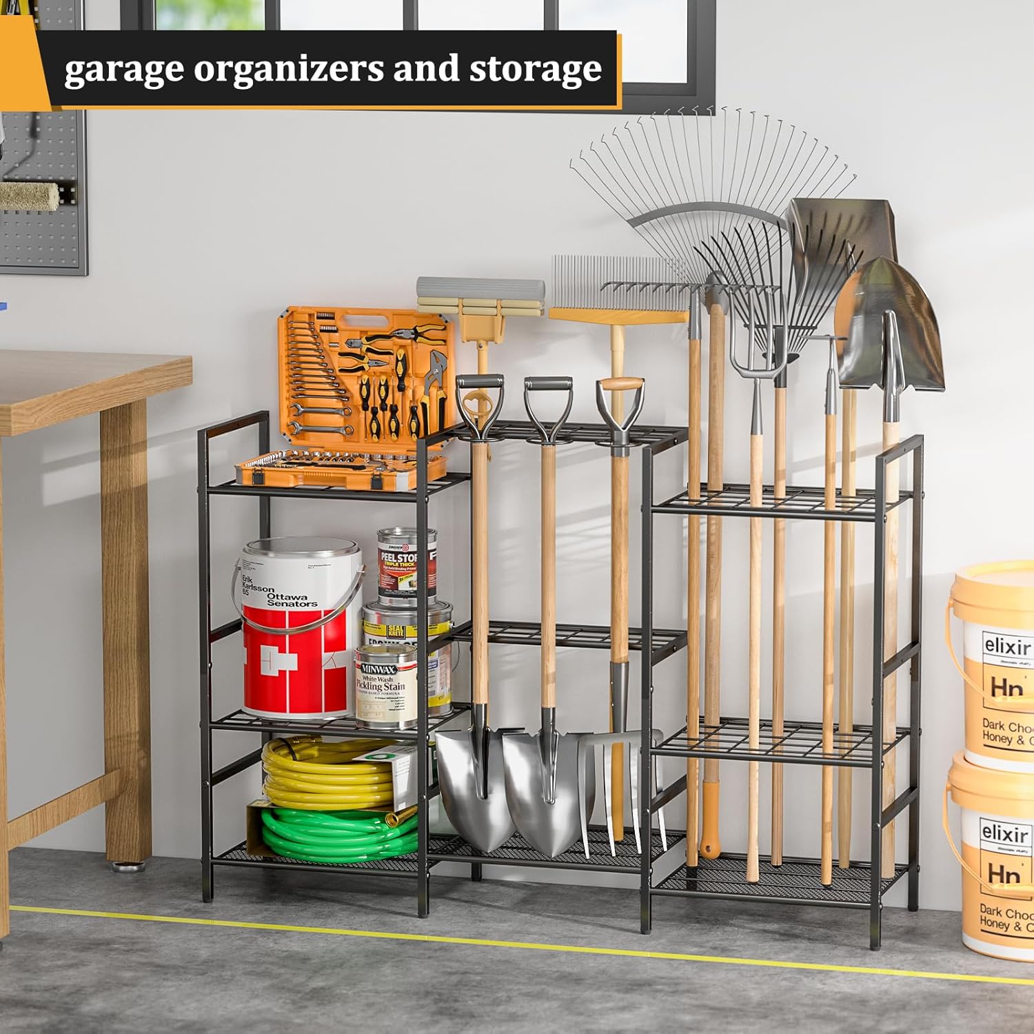 6-Tier Garden Tool Organizer for Outdoor Storage, Yard Tool Rack for Garage Organization and Storage, Holds 90 Long-Handled Tools, Sturdy Steel Tool Holder with 3 Hooks, 44.96"W x 11.89"D x 31"H" - Image 5